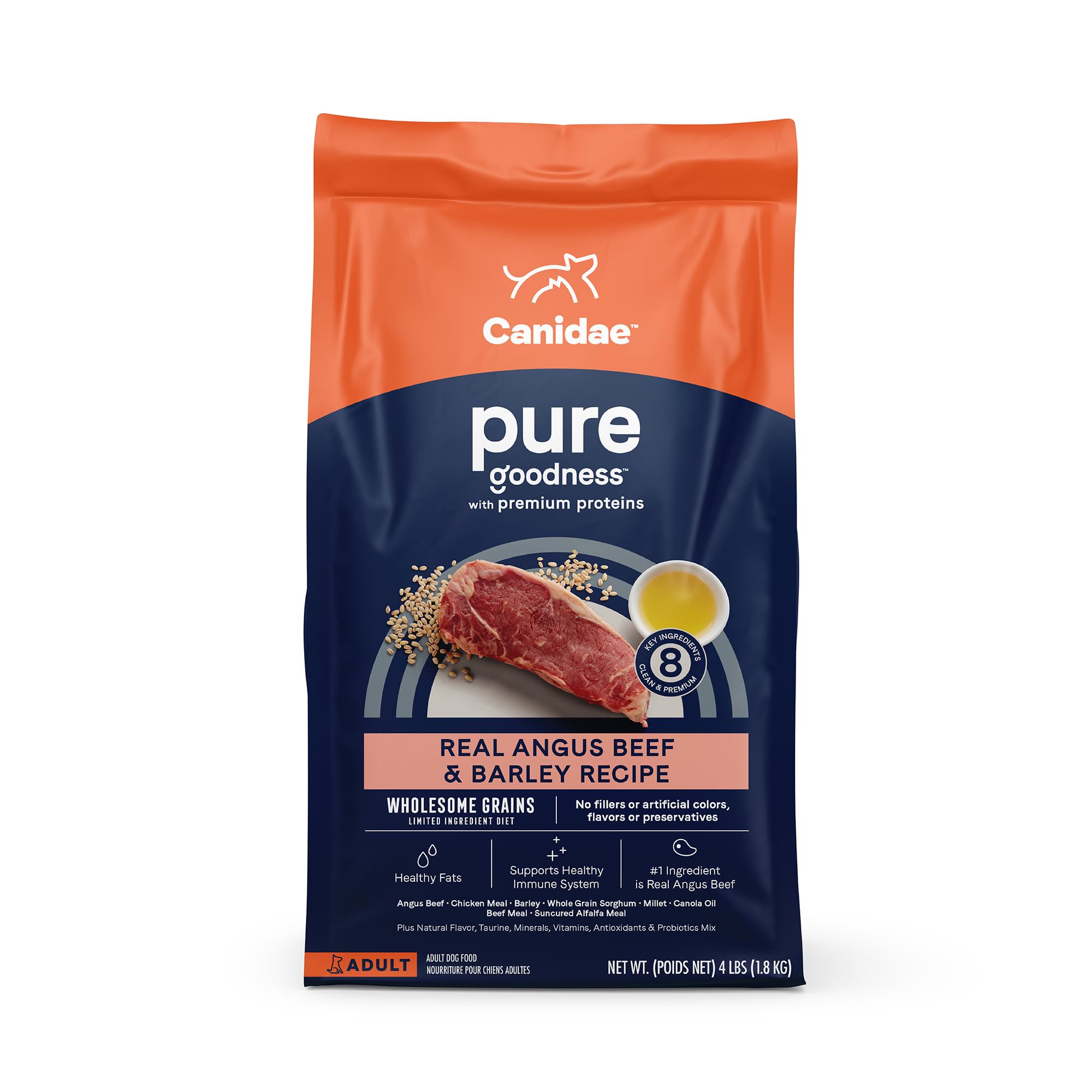 CANIDAE Pure Limited Ingredient Premium Adult Dry Dog Food, Real Beef & Barley Recipe, 4 lbs, with Wholesome Grains