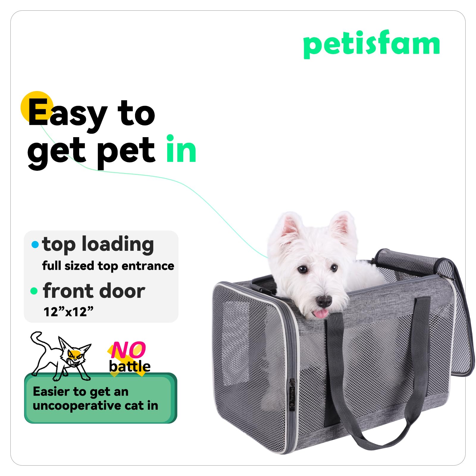 petisfam Soft Pet Carrier Bag for Cats & Puppies, Grey, 17"x12"x12", Lightweight Nylon, Model PC20M, Sturdy & Comfortable