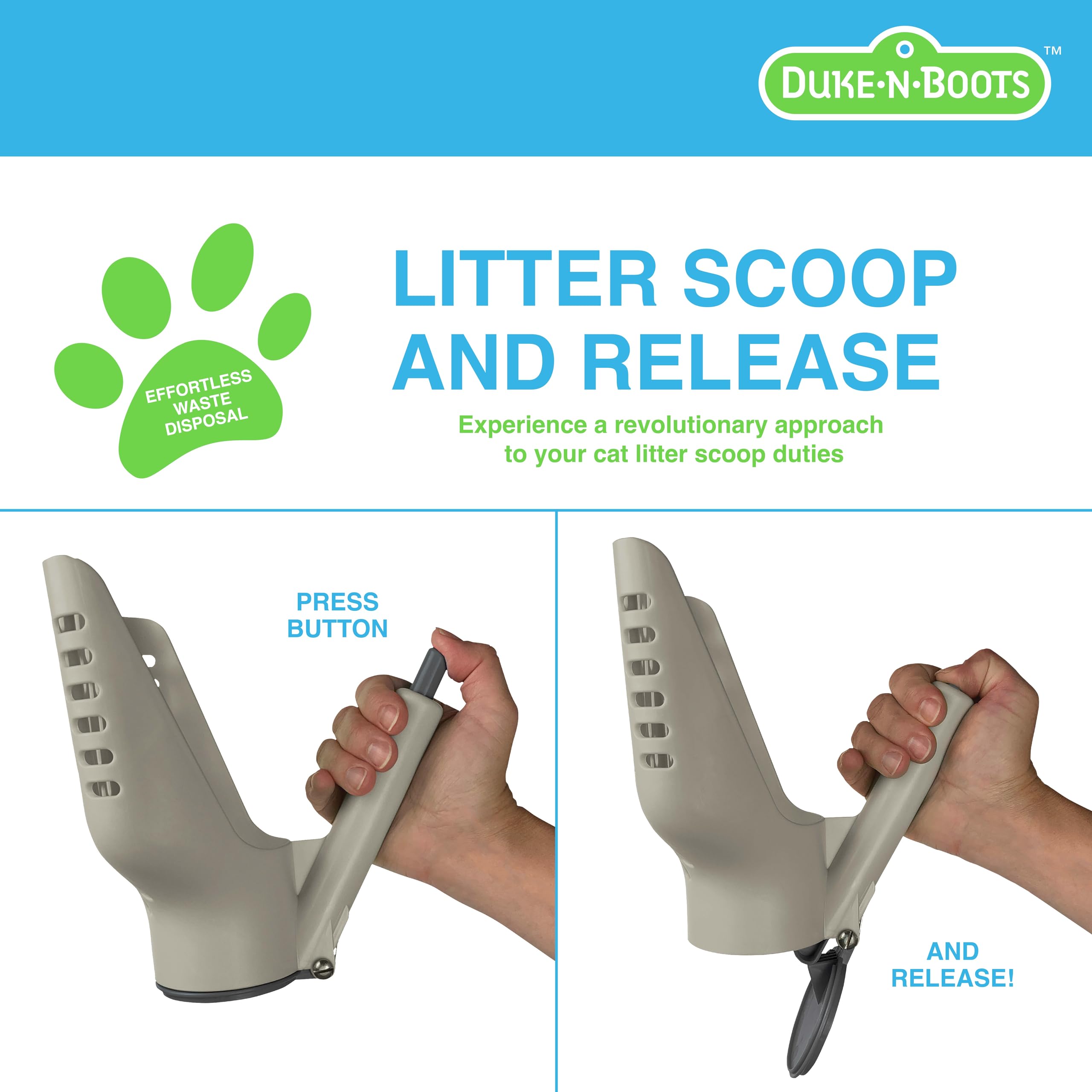 Duke-N-Boots Cat Litter Scoop and Release - Easy Disposal Scooper for Litter Box, Patented Quick Button Release Design - Litter