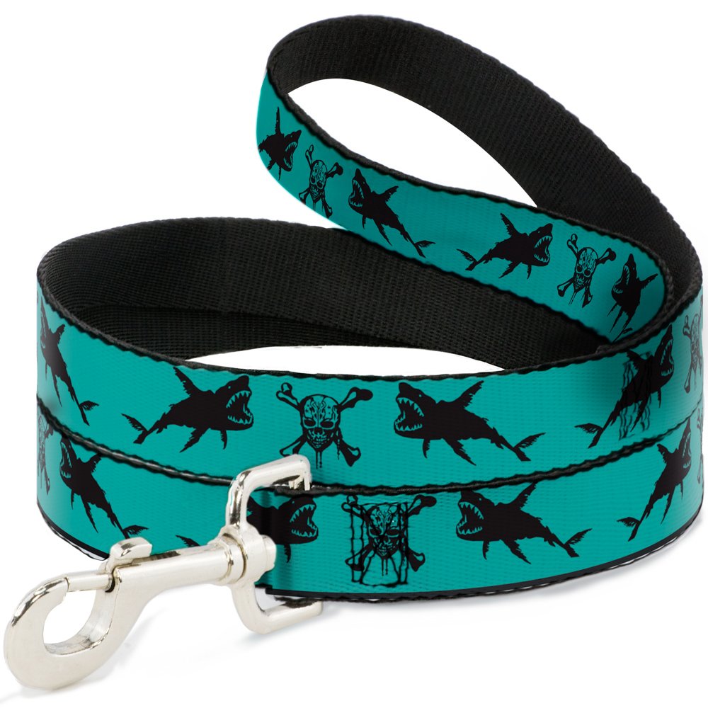 Buckle-Down Dog Leash Pirates Skull Crossbones Sharks Turquoise Black Available In Different Lengths And Widths For Small Medium