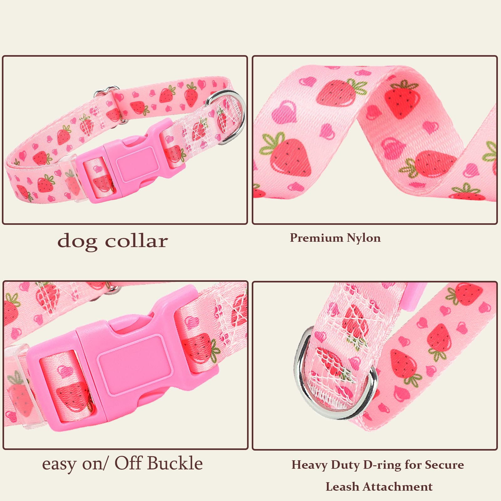 Onefojojo Dog Collar - Cute Pink Strawberry Design, Soft Nylon Adjustable Collar For Xl Dogs, Quick-Release Buckle, Durable Pet