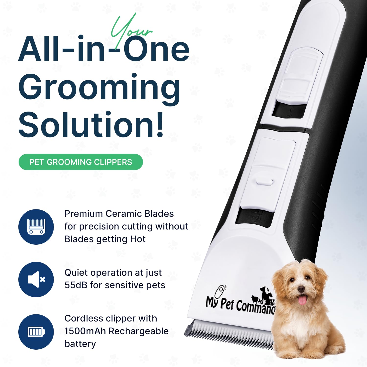 My Pet Command Professional Dog Clippers For Grooming, Cordless Rechargeable Pet Trimmers, Heavy Duty Dog Clippers For Thick Coa