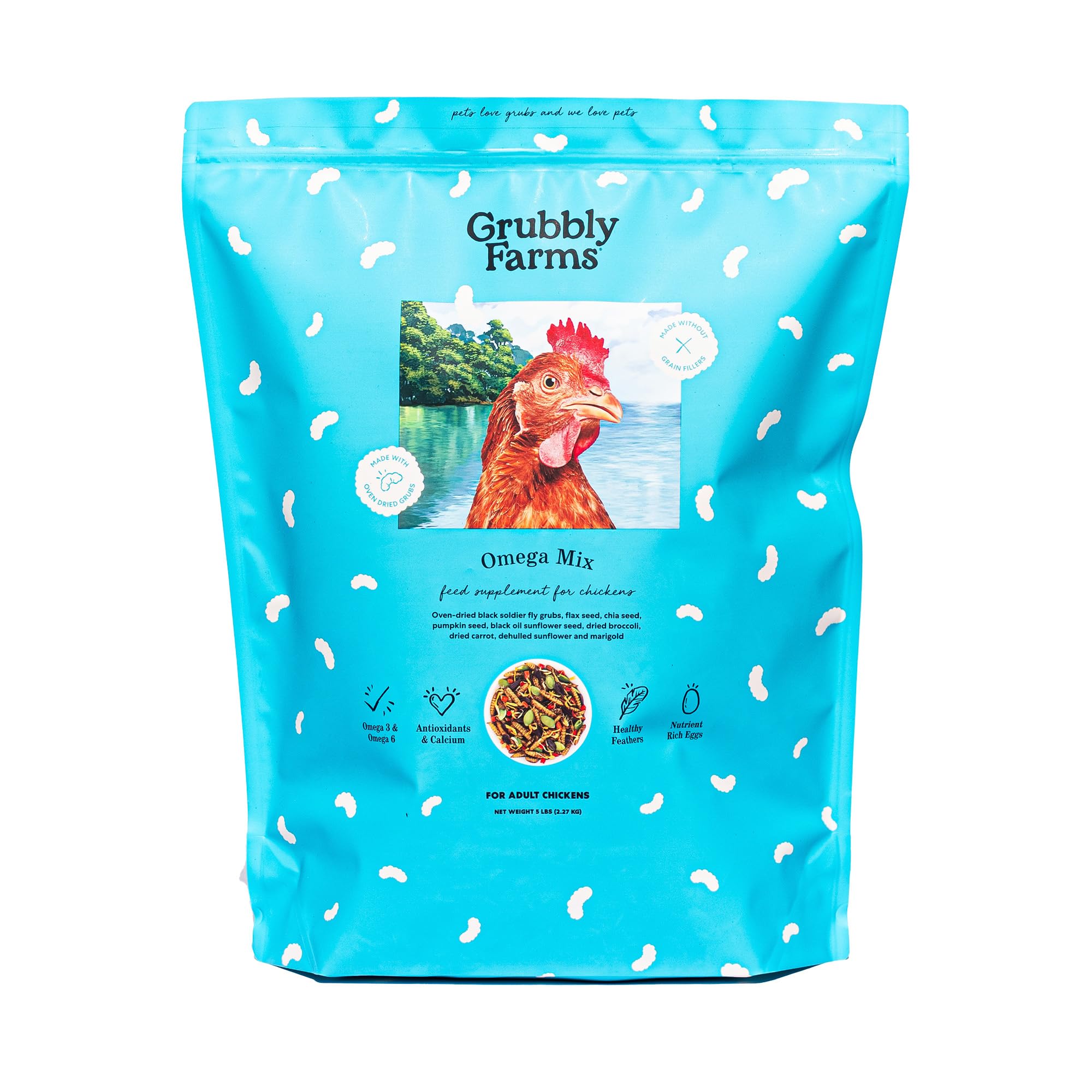 Grubbly Farms Omega Mix Chicken Treats for Laying Hens - Superfood and Omega-Rich Chicken Feed Supplement to Support Egg Product