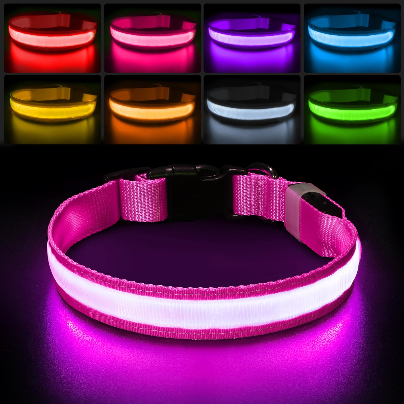 Pceotllar Light Up Dog Collar For Night Walking - Led Dog Collar Light Rechargeable Color Changing, Glow In The Dark Dog Collars Waterproof Glowing Dog Collars For Large Small Medium Dogs
