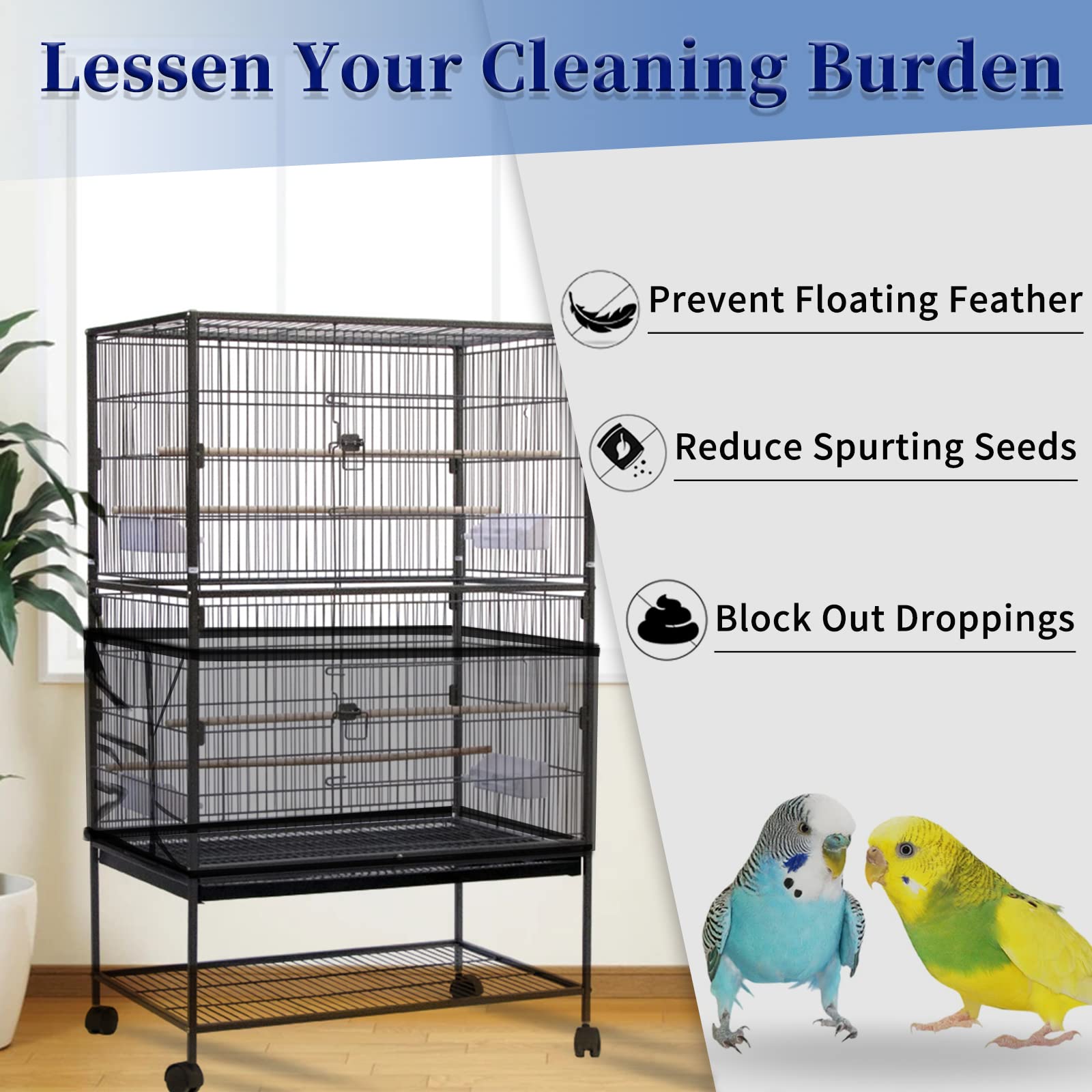 Daoeny 2Pcs Large Bird Cage Cover, Adjustable Parrot Nylon Airy Soft Mesh Net, Universal Seed Feather Catcher, Birdcage Cover Skirt Sheer Guard For Parakeet Macaw Round Square Cages