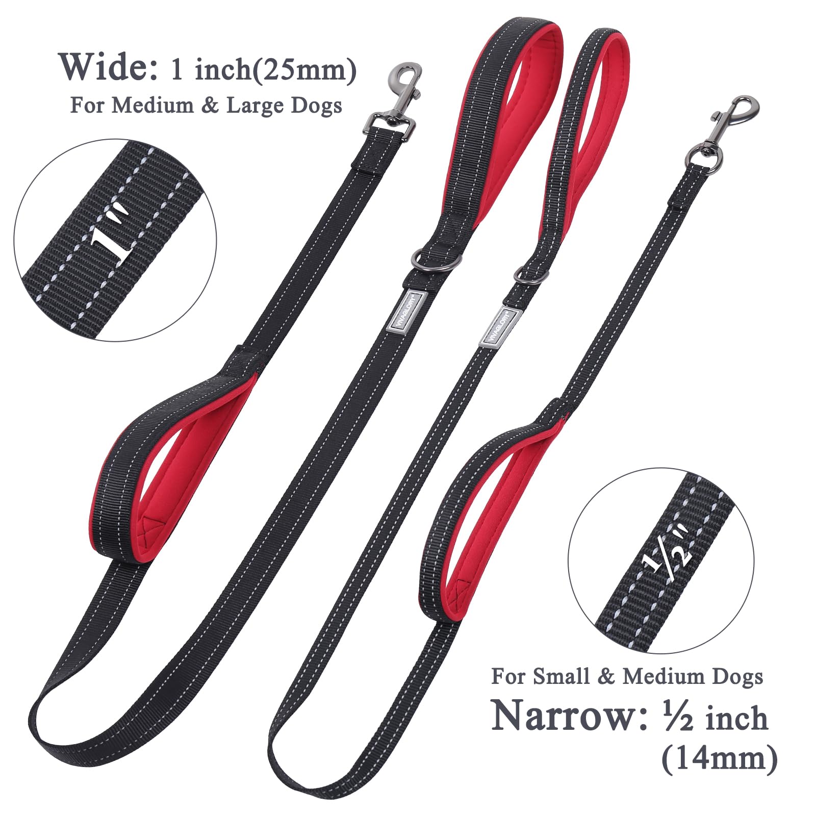 VIVAGLORY Traffic Handle Dog Leash - 4ft Nylon, Reflective, 2 Padded Handles, Strong Metal Hook, Black, for Dogs 25-120 lbs.