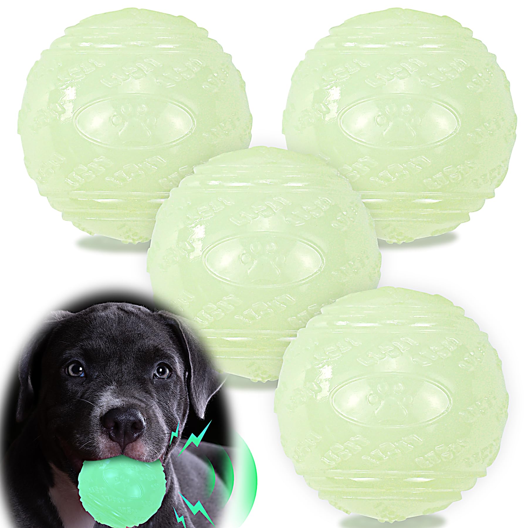 Lechong 4-Pack 2.5    Glow In The Dark Squeaky Dog Balls, Durable Glowing Bouncy Rubber Fetch Toy Balls For Small Medium Puppy D