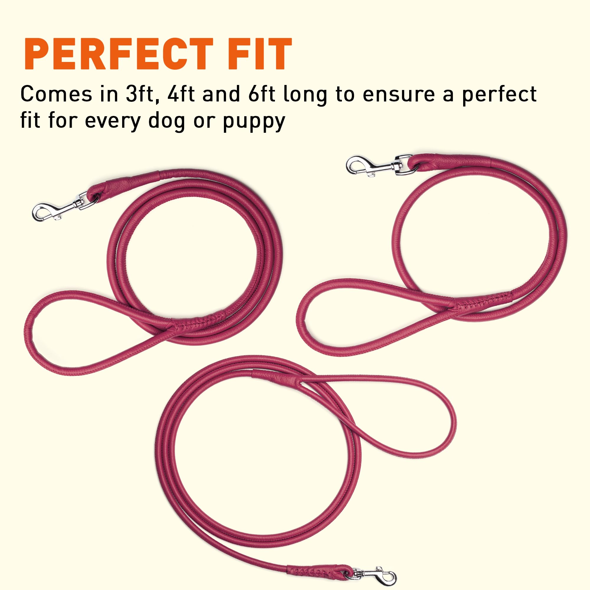 Dogline Soft And Padded Rolled Round Leather Leash For Dogs W1/4' - L72, Hot Pink