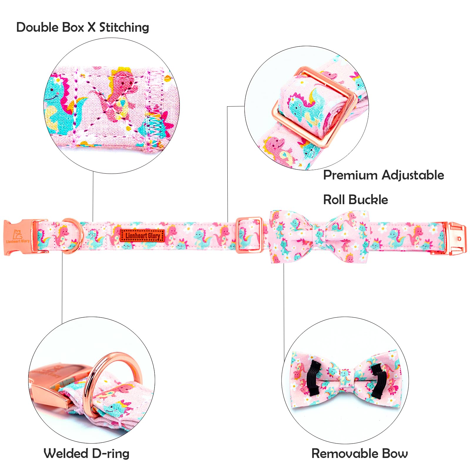 Lionheart Glory Dog Bow Collar Dinosaurs Pattern Cute Collars For X-Small Dogs,Soft Duty Adjustable Dog Collar With Bowtie Sprin