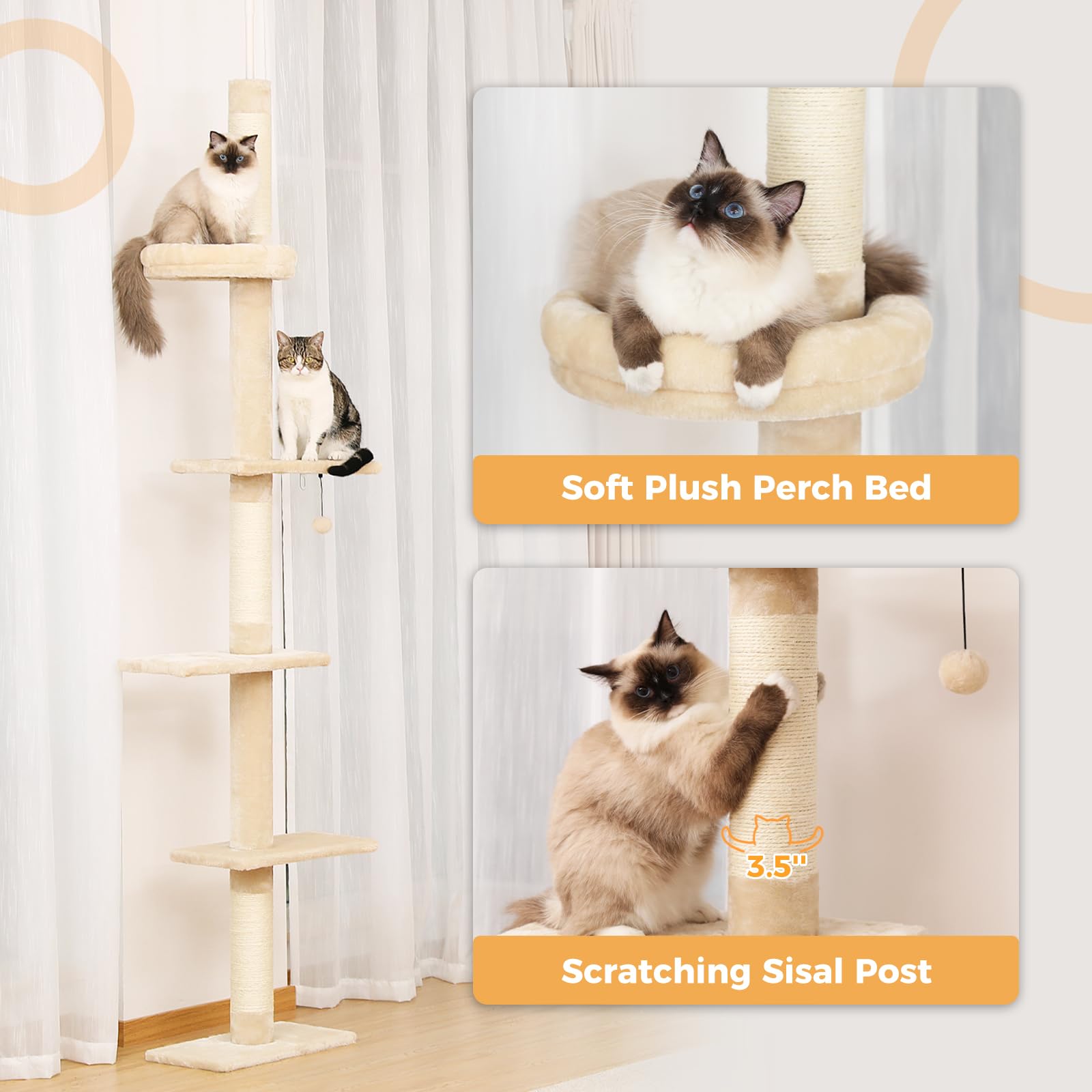 PETEPELA Cat Tree 5-Tier Adjustable Tower (95-108") - Beige Plush Activity Center with Scratching Post & Cozy Bed