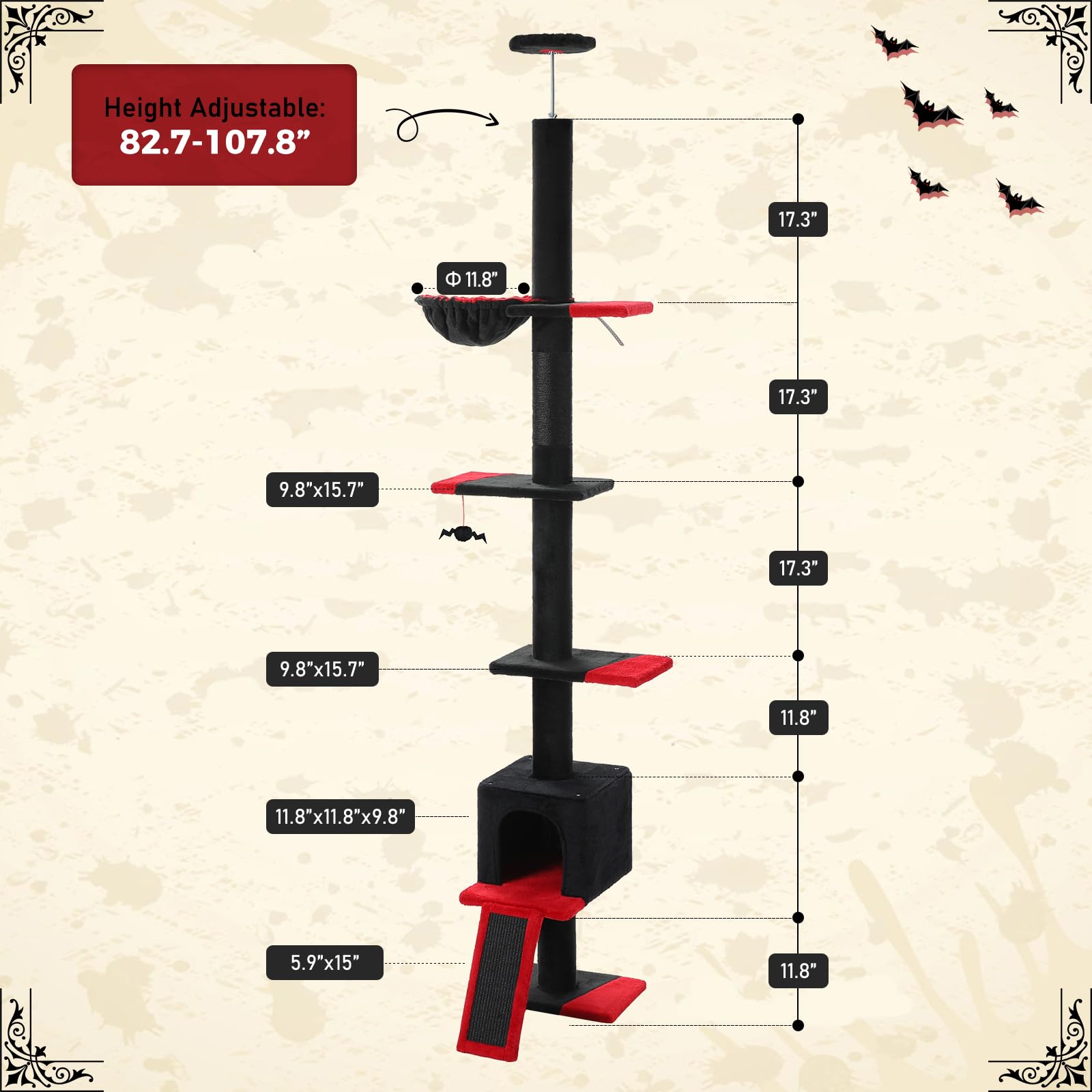 Petepela Floor To Ceiling Cat Tree, Gothic Cat Tower 5 Tiers Tall (83-108 Inches) Adjustable Height, Cats Climbing Tree Featurin