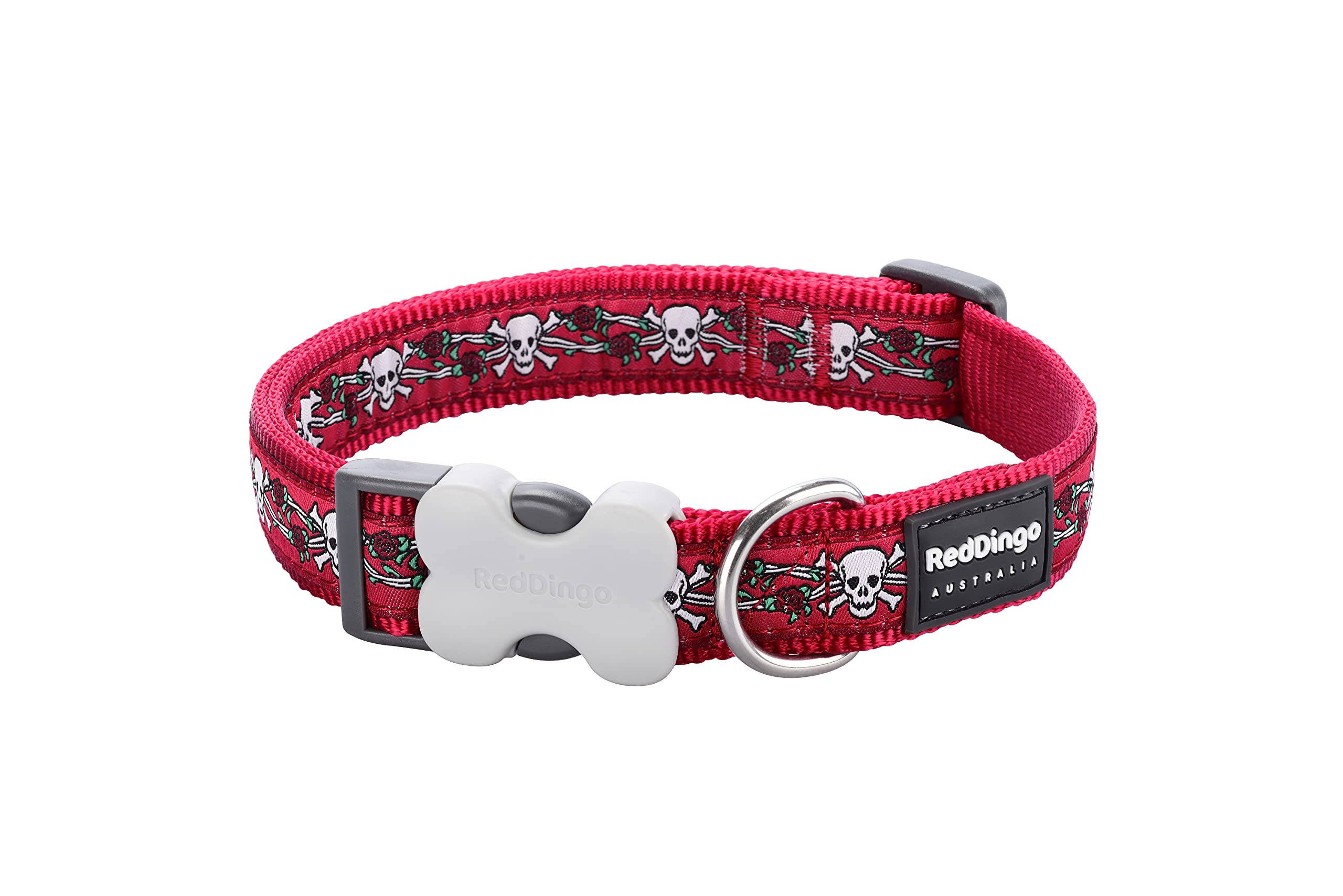 Red Dingo 25mm Skull & Roses Red Dog Collar, Large