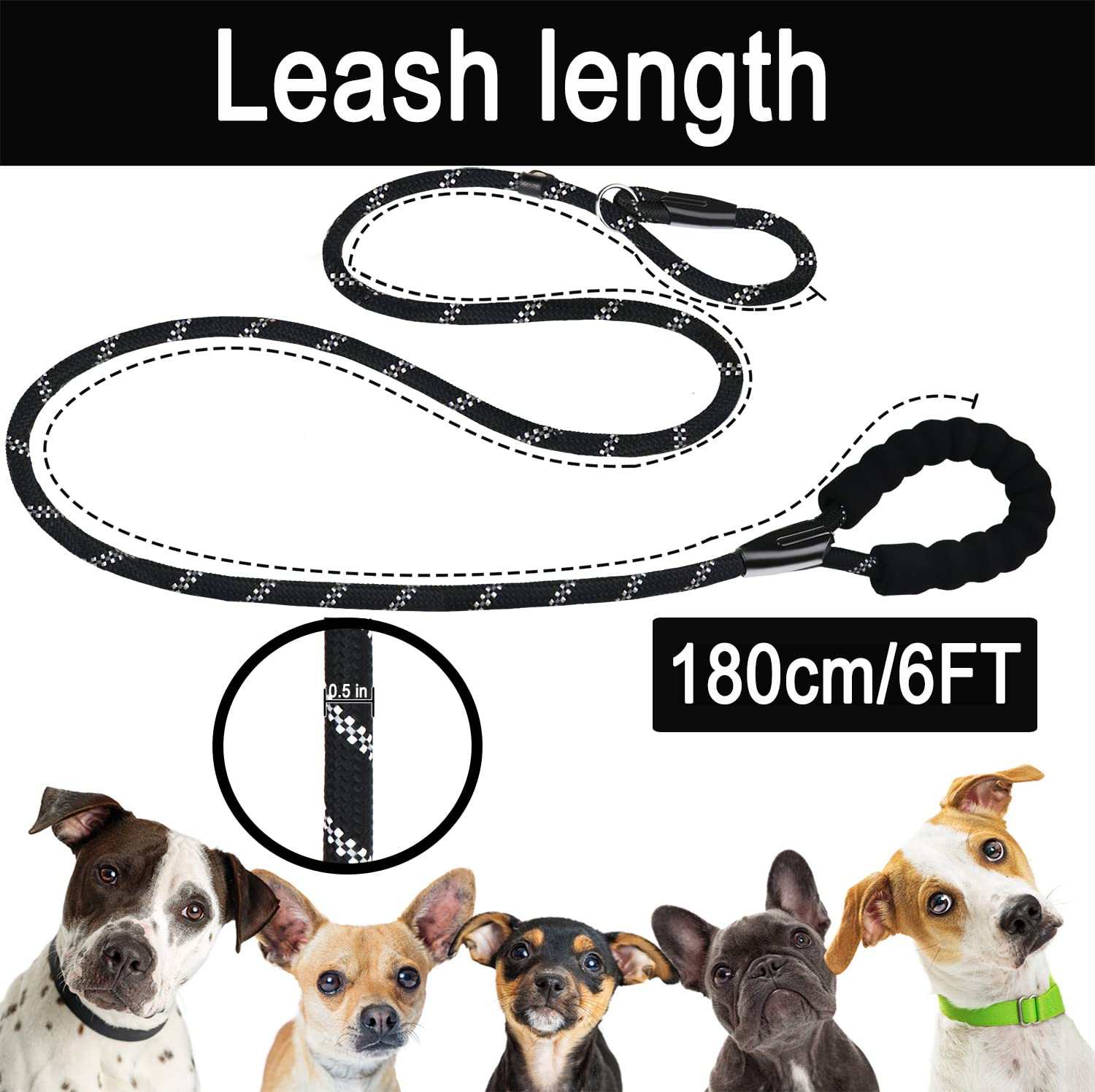 Dog Leash, 6 Ft Heavy Duty Dog Leashes, Durable Premium Quality Strong Rope Slip Leash With Comfortable Padded Handle And Highly