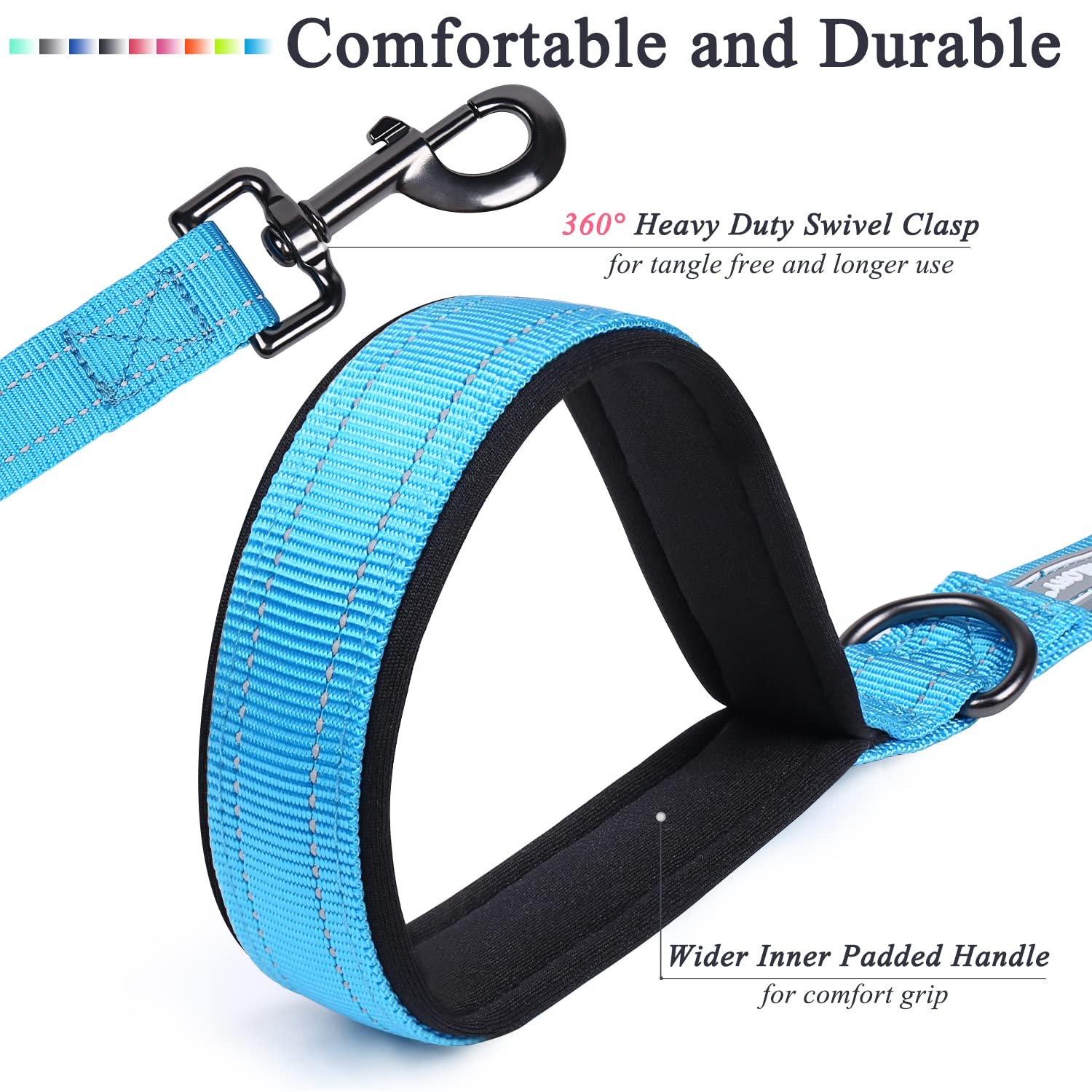 Vivaglory Padded Handle Dog Leash, 4ft Reflective Nylon for Medium to Large Dogs, Lake Blue, Heavy Duty, Ideal for Training and Walking