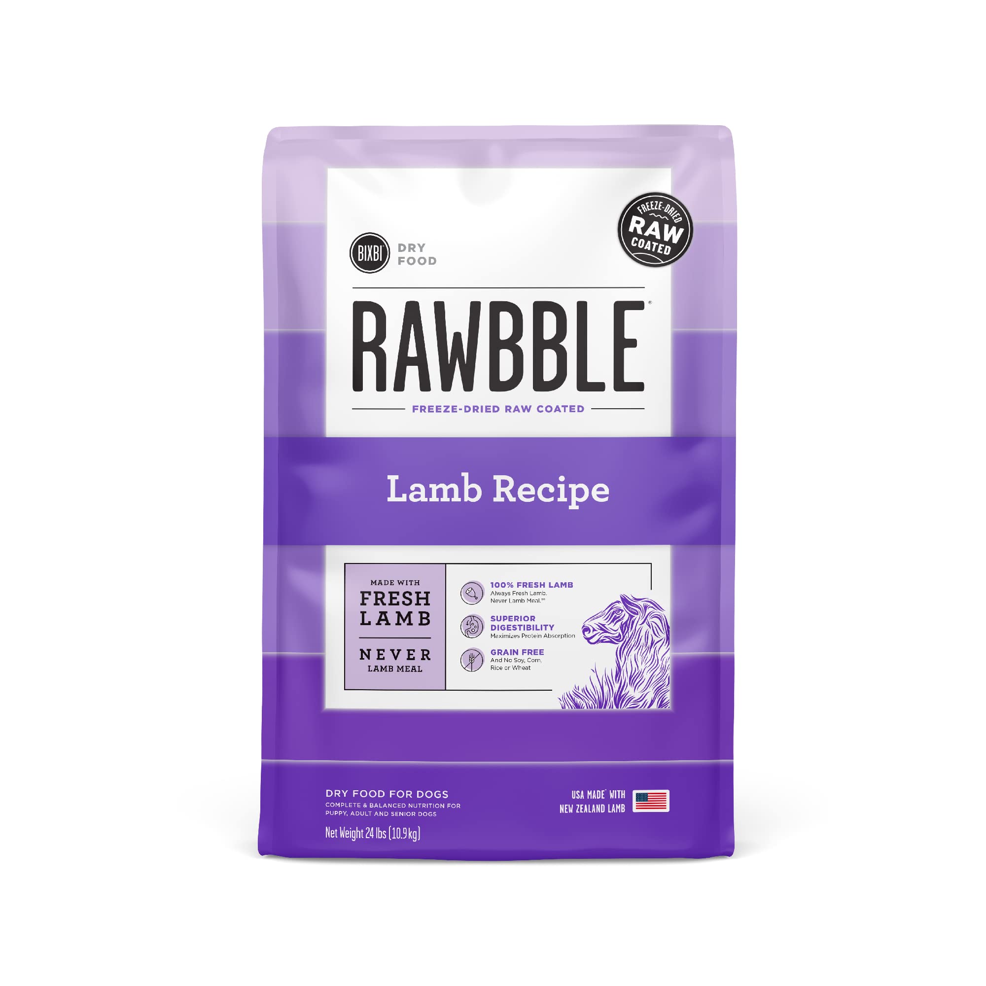 BIXBI Rawbble Dry Dog Food, Lamb, 24 lbs - USA Made with Fresh Meat - No Meat Meal & No Corn, Soy or Wheat - Freeze Dried Raw Co