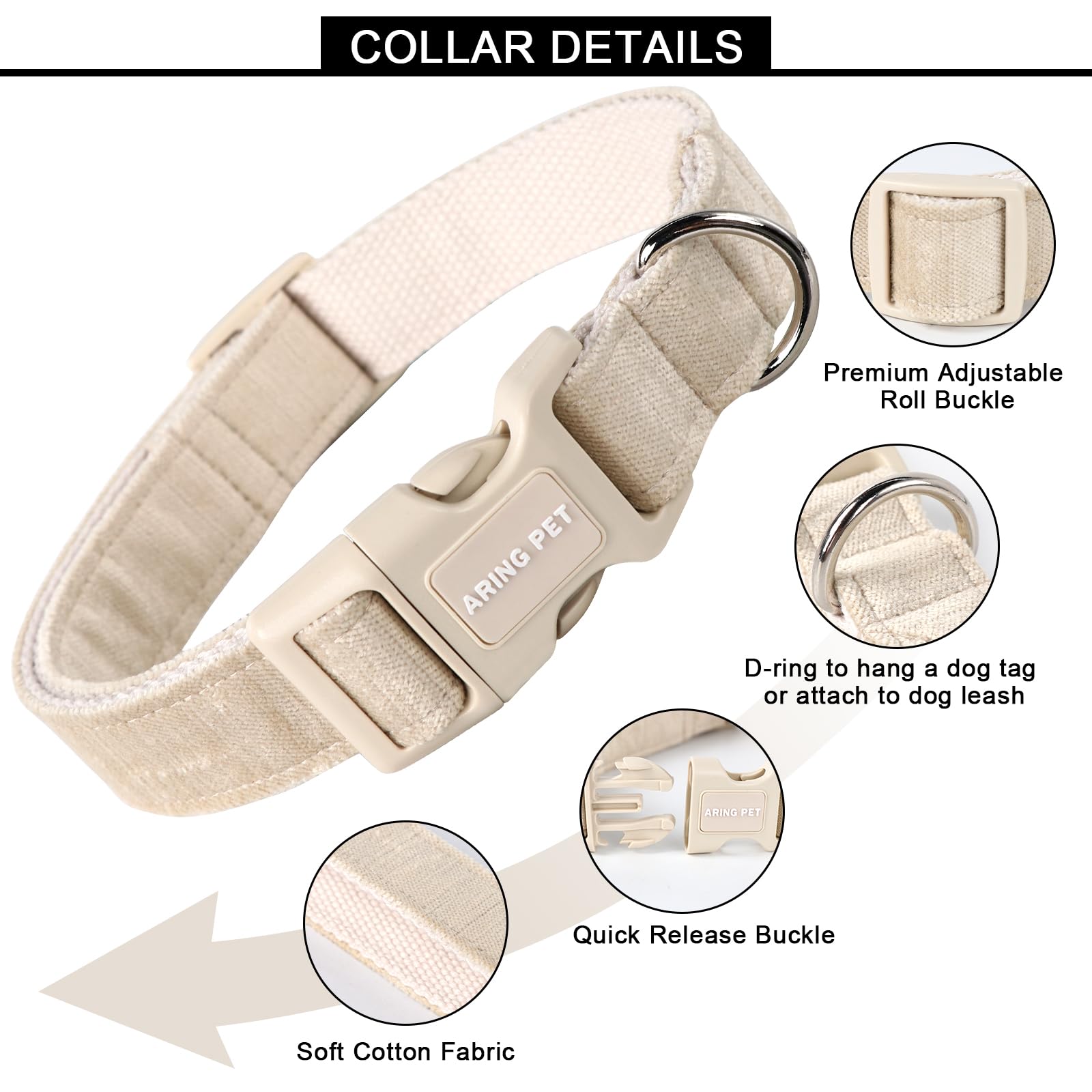 Aring Pet Cotton Dog Collar - Lightweight, Comfortable, Quick Release Buckle, X-Small, Khaki for Small to Medium Dogs