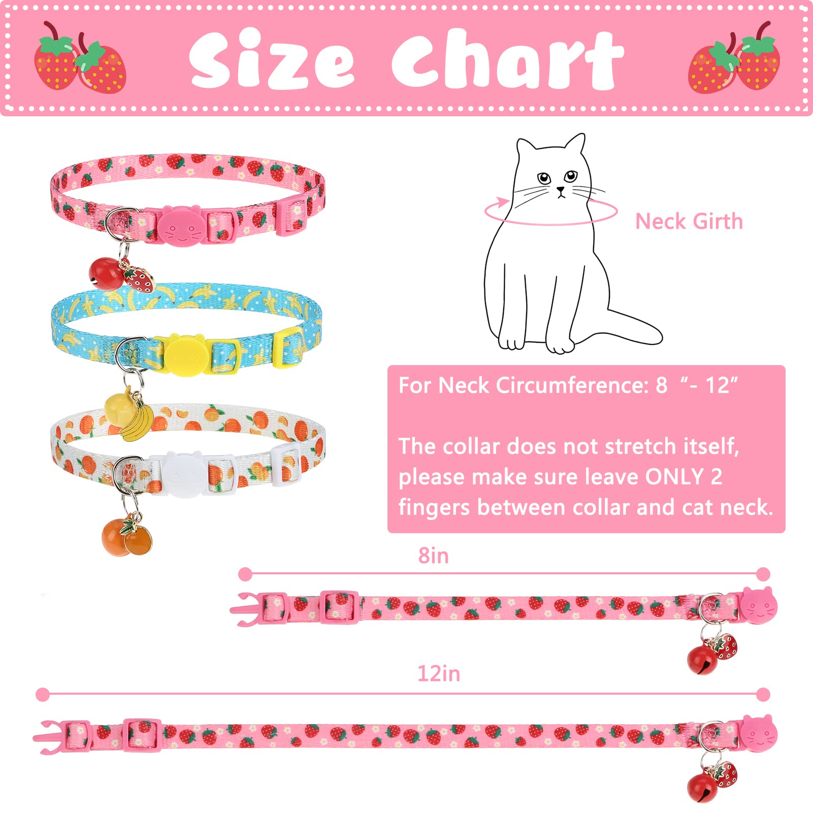 VKPETFR Breakaway Cat Collars - Adjustable 3 Pack with Bell & Cute Pendants, Polyester, Fruit Color, Ideal for Small Pets