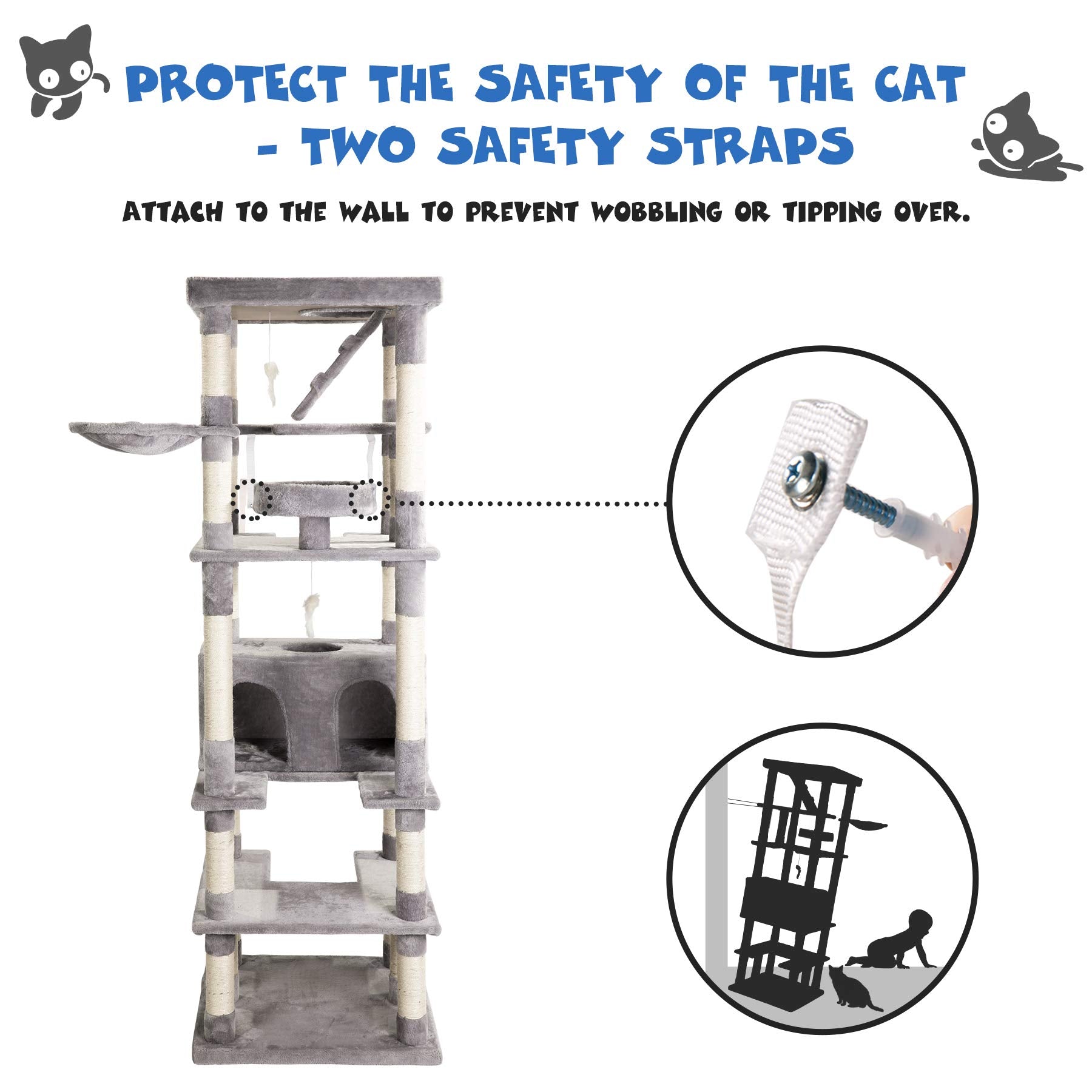 MWPO Large Cat Tree - Tall Cat Tower with Scratching Posts & Condo, Light Gray, Model US-63-EAA, Ideal Playground for Cats & Kittens