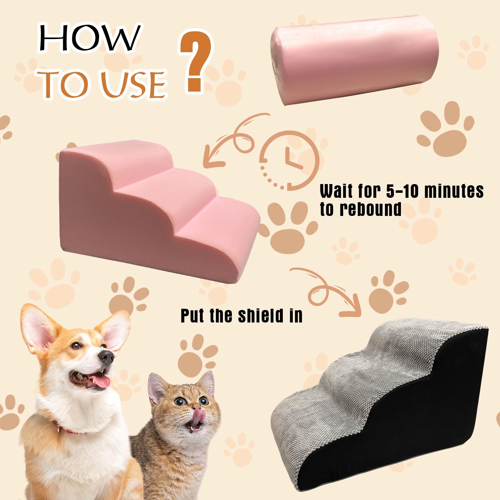 Ydy+Yqy 3-Step Dog Stairs For Small Dogs, Wide Steps With No Assembly High Density Foam Cover, Non-Slip Stable Dog Ramp For Bed