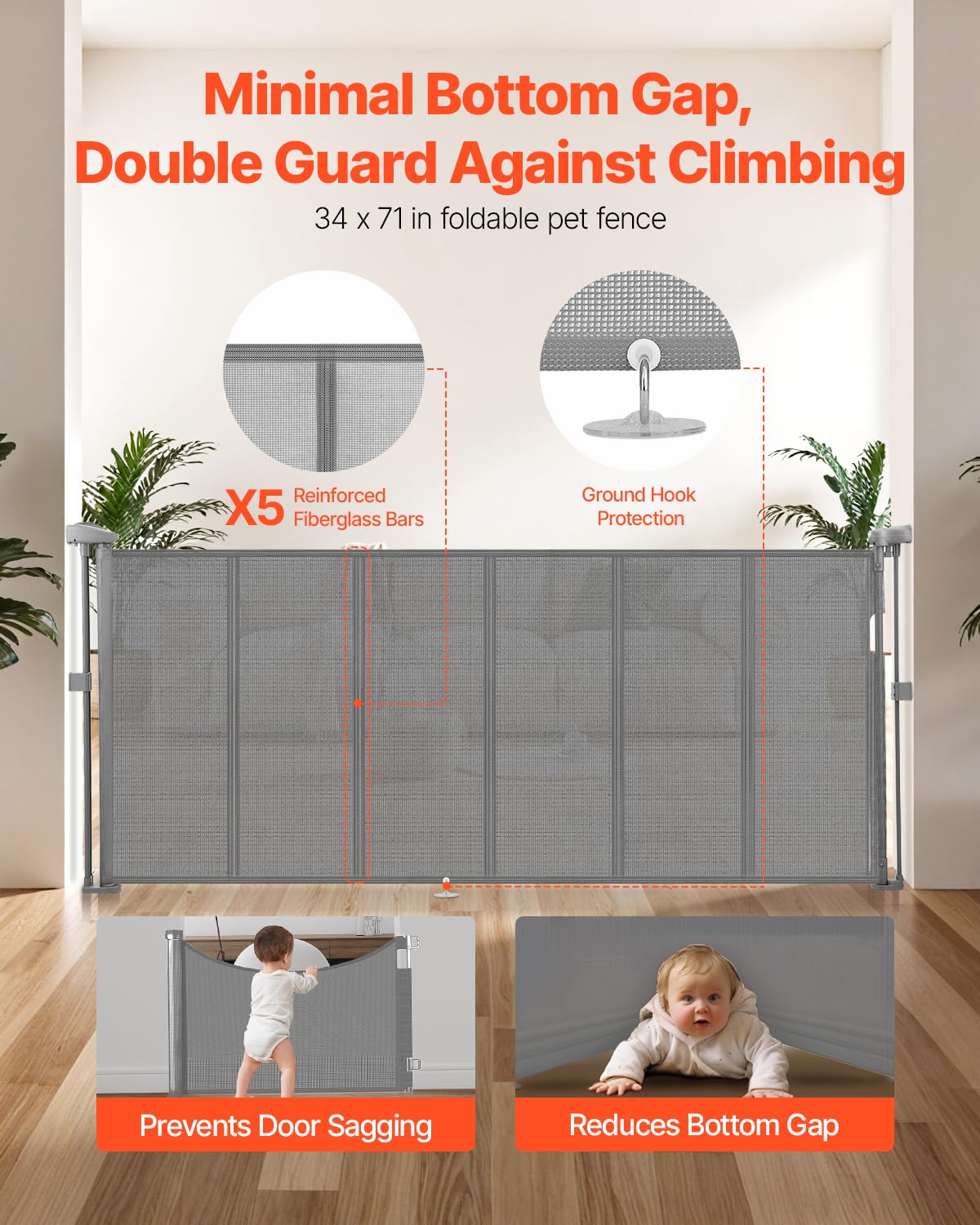 VEVOR Retractable Baby Gate, 34 inch Tall, Extends up to 71 inch Wide, Retractable Gate for Kids or Pets, Mesh Material, Easy to
