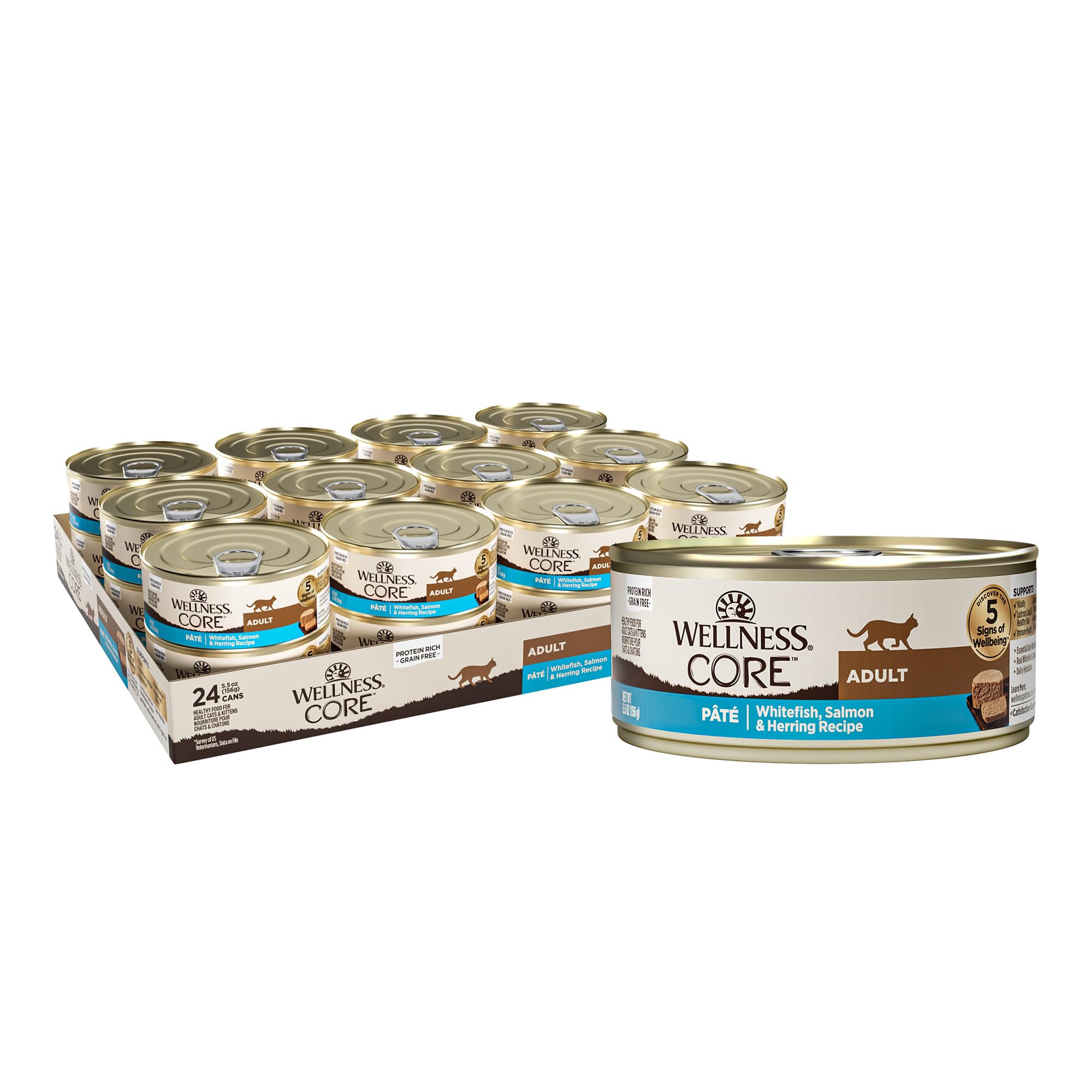 Wellness CORE Grain-Free Wet Cat Food, Natural Canned Food for Cats, Made with Real Meat (Whitefish, Salmon & Herring, 5.5 oz Ca