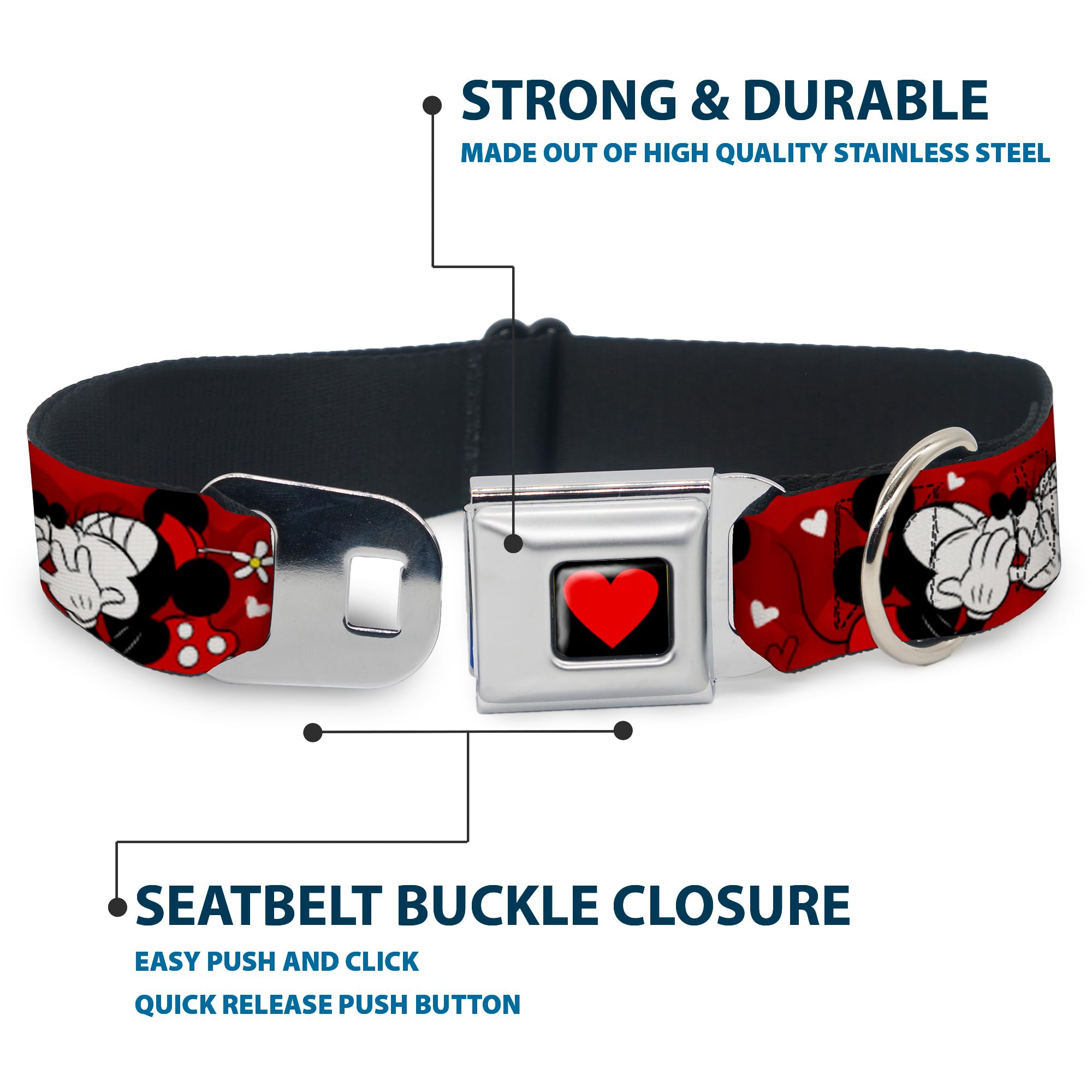 Buckle-Down Dog Collar Seatbelt Buckle Mickey Minnie Hugs Kisses Poses Reds White, Multicolor, 1.5' Wide - Fits 16-23' Neck -