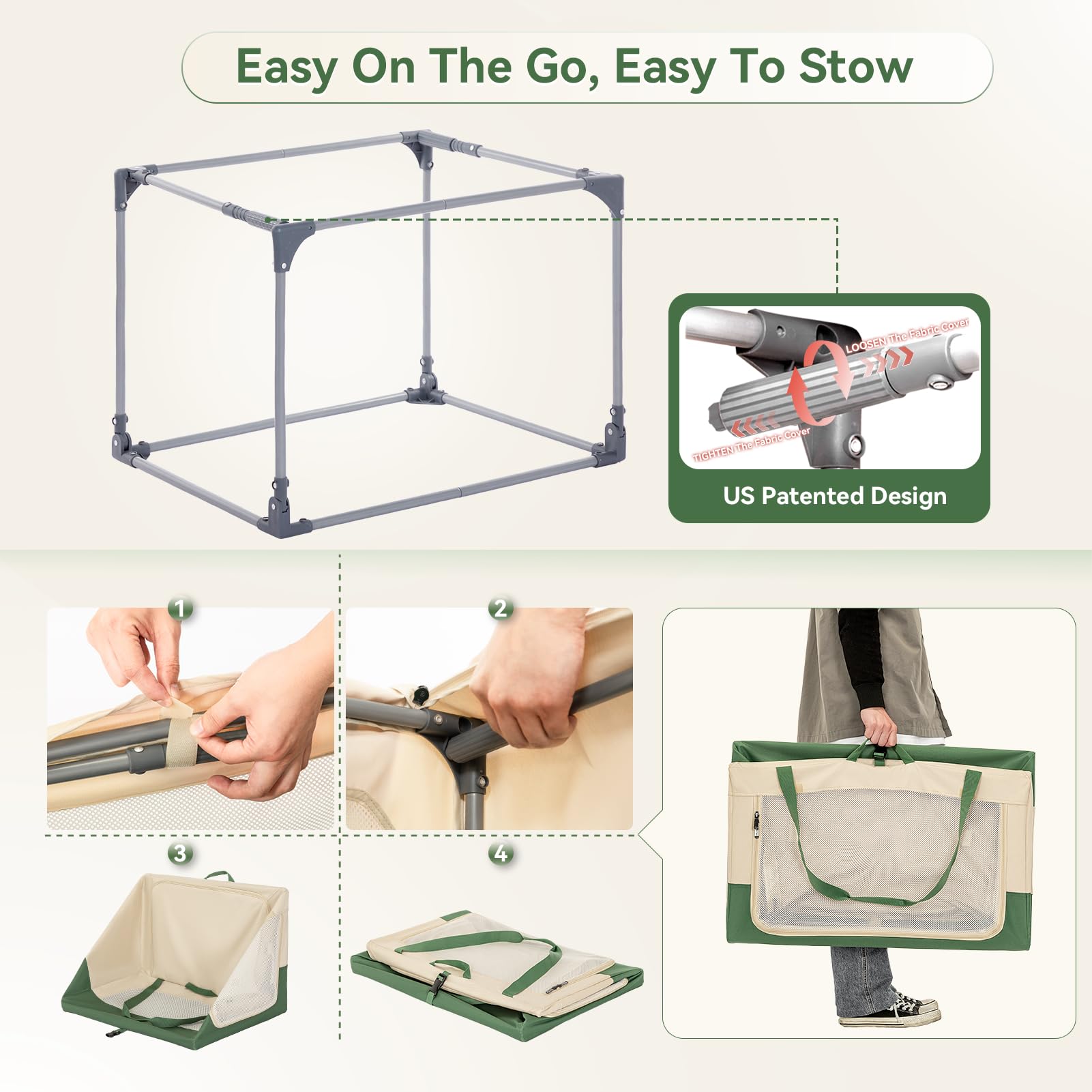 A4Pet Portable Dog Crate - 36" Adjustable Stainless Steel Frame, Lightweight 600D Oxford Fabric, Green/Beige