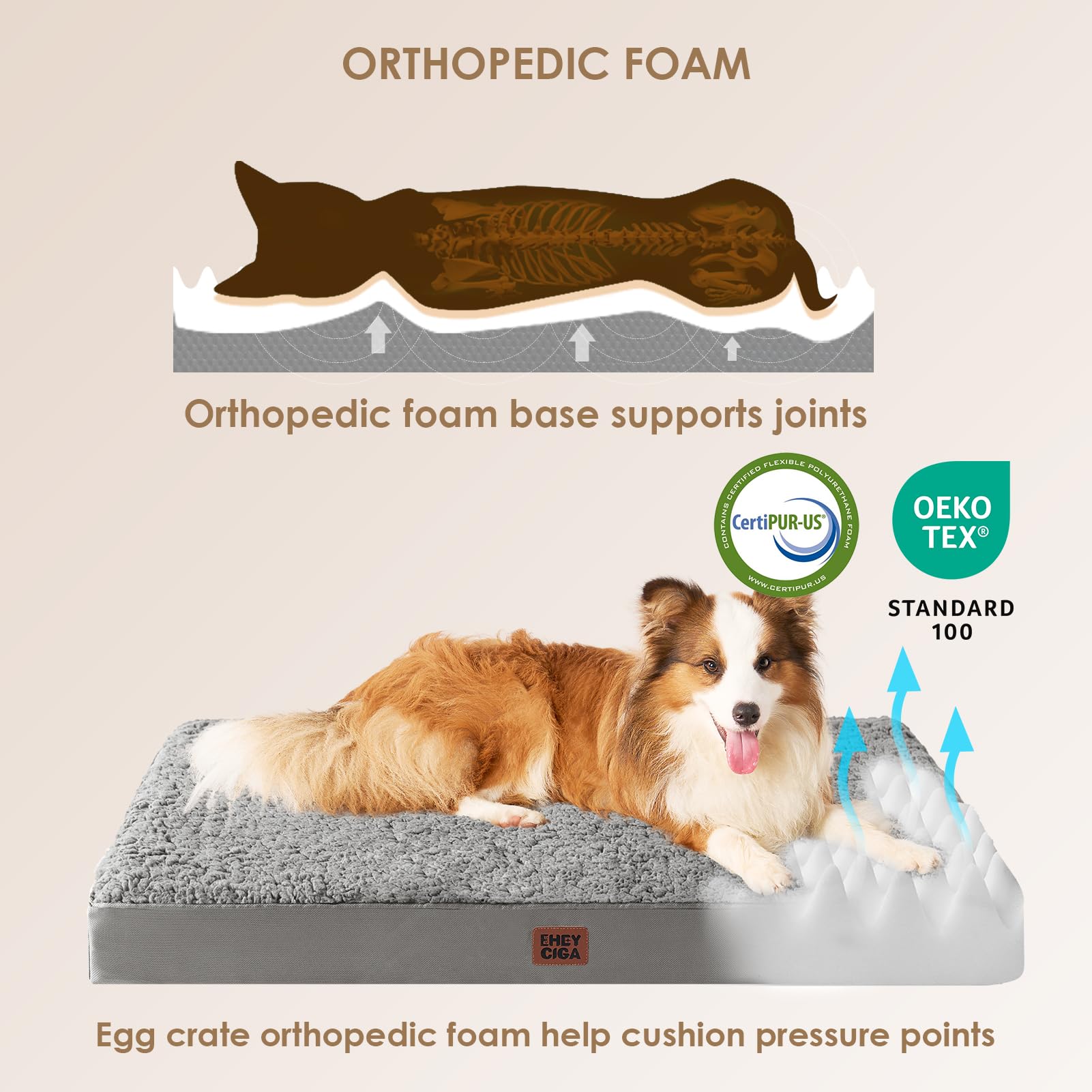 Eheyciga Orthopedic Foam Dog Bed, Medium, 30'L X 20'W X 3.5'Th, Light Grey