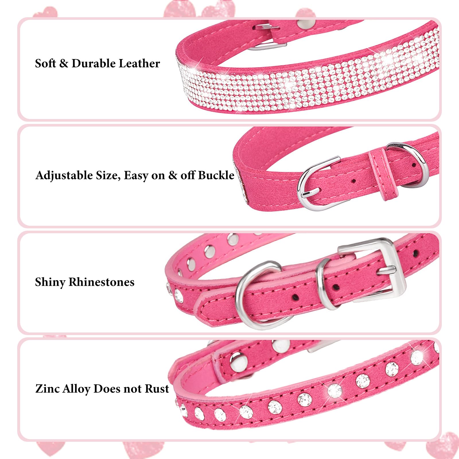 Hot Pink Sparkly Dog Collar Xs, 2-Pack Bling Diamond Cat Collar Soft Suede Glitter Rhinestone Jewelry Crystal Female Puppy Colla