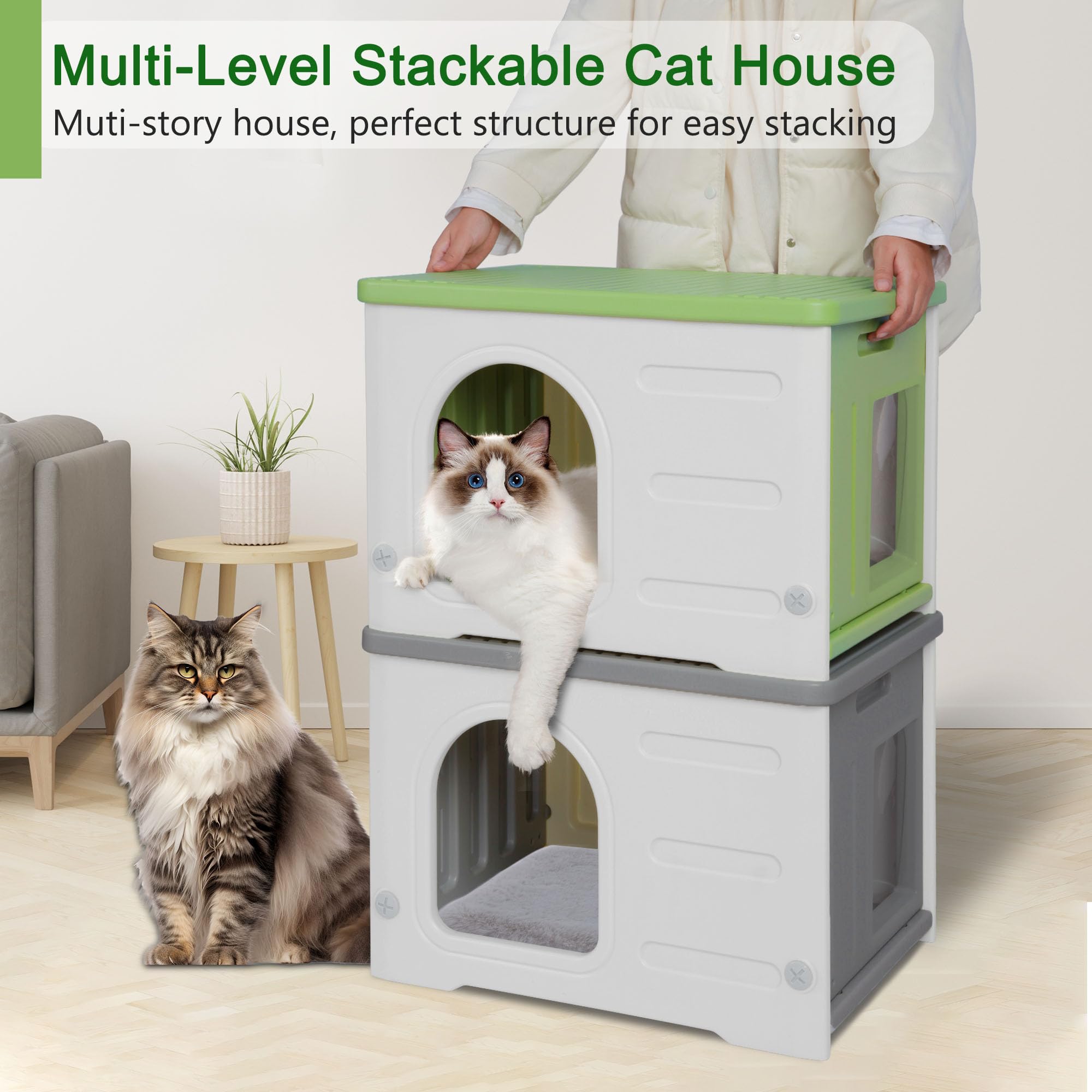 Rockever Plastic Cat House for Outdoor Cats, Waterproof with Escape Door, Green, Model RO4010, Includes Cat Bed Mat
