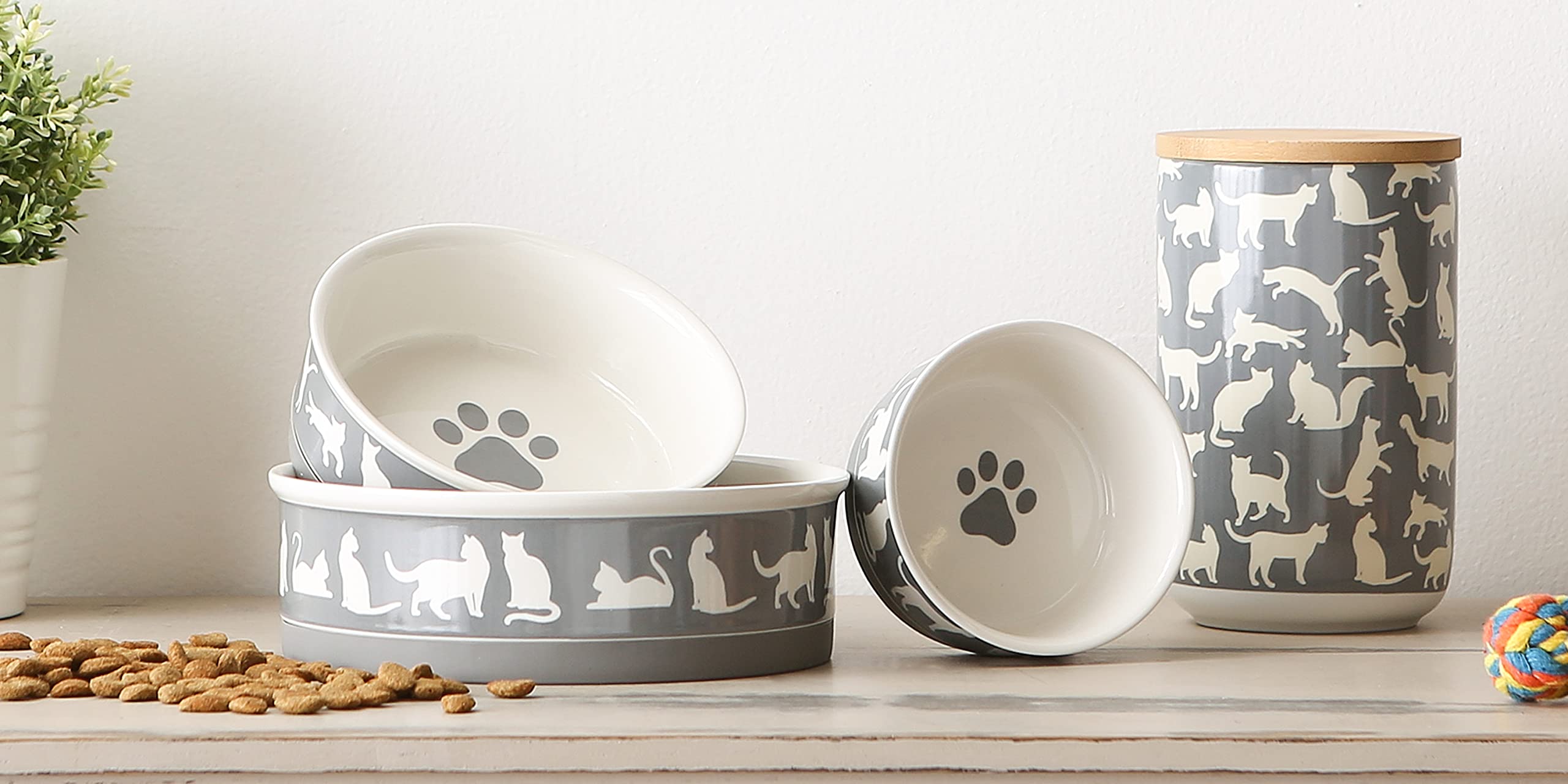Bone Dry Ceramic Cat Bowls, Microwave & Dishwasher Safe, Large Set, 7.5x2.4, Gray, 2 Count