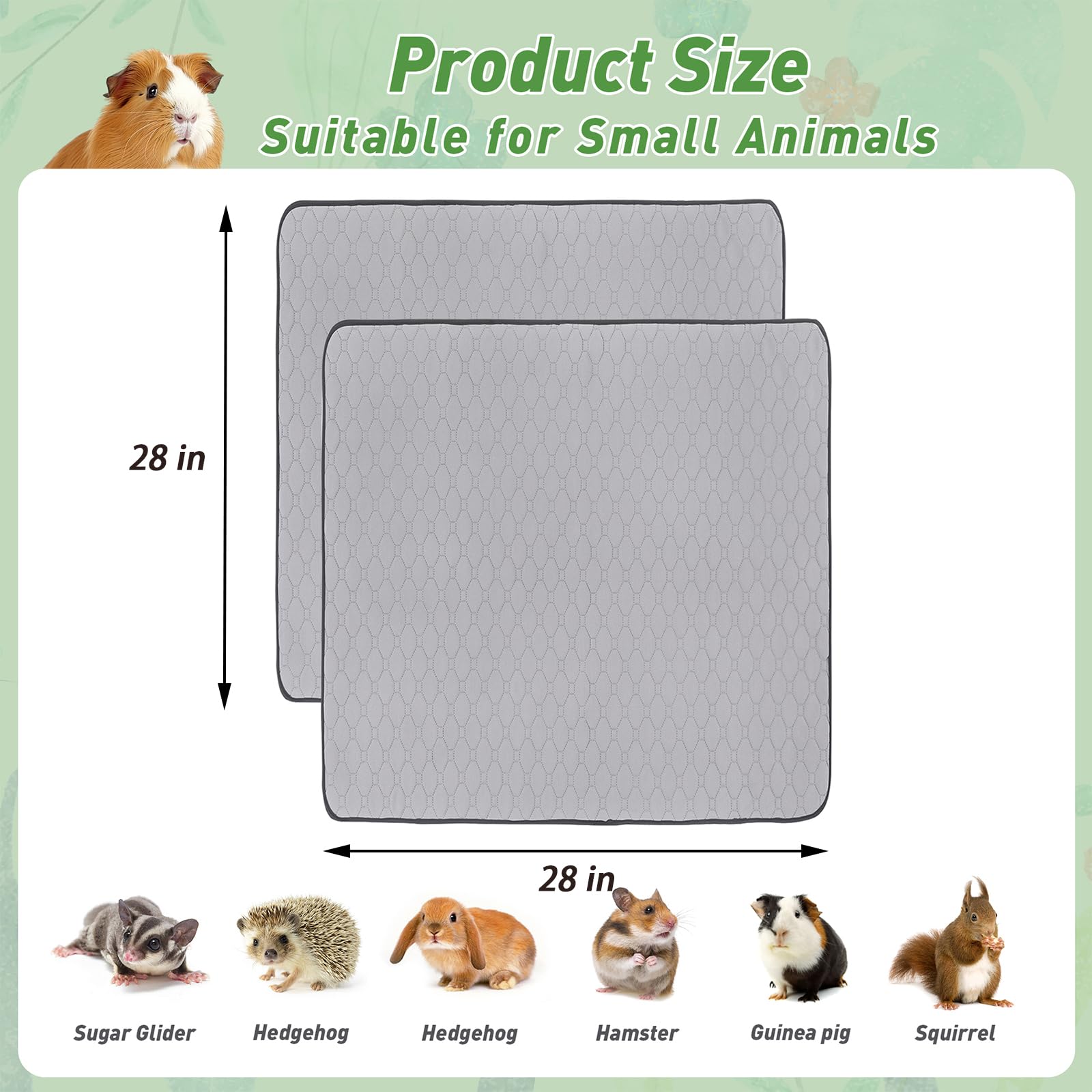 2 Pack Guinea Pig Cage Liners, 28' X 28' Washable Guinea Pig Pee Pads, Non Slip Reusable Super Absorbent Guinea Pig Training M
