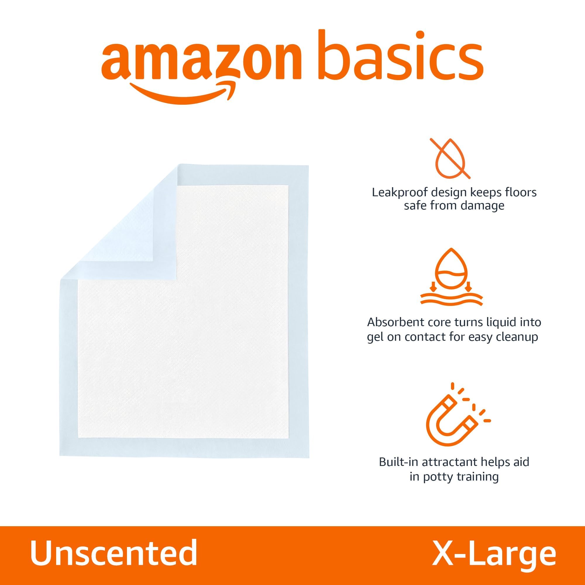 Amazon Basics Puppy Pads with Quick-Dry 5-Layer Leak-Proof Design for Potty Training, X-Large Size 28 x 34 Inch, Pack of 40, Blu