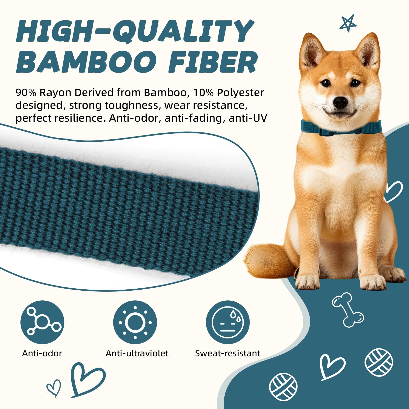 Peacock Blue Dog Collar And Leash Set For Small Dogs Soft And Breathable Of 90% Rayon From Bamboo And 10% Polyester Comfortable