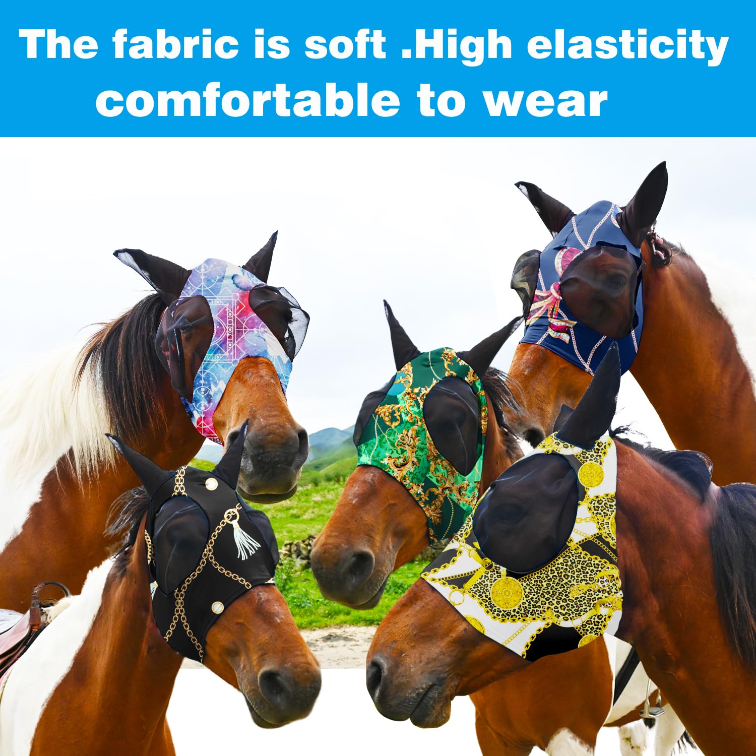 Super Comfort Fly Marsks for Horses of 5pcs Set-Horse FlyMask with Ears- Elasticity Fly Mask with UV Protection(Size:L