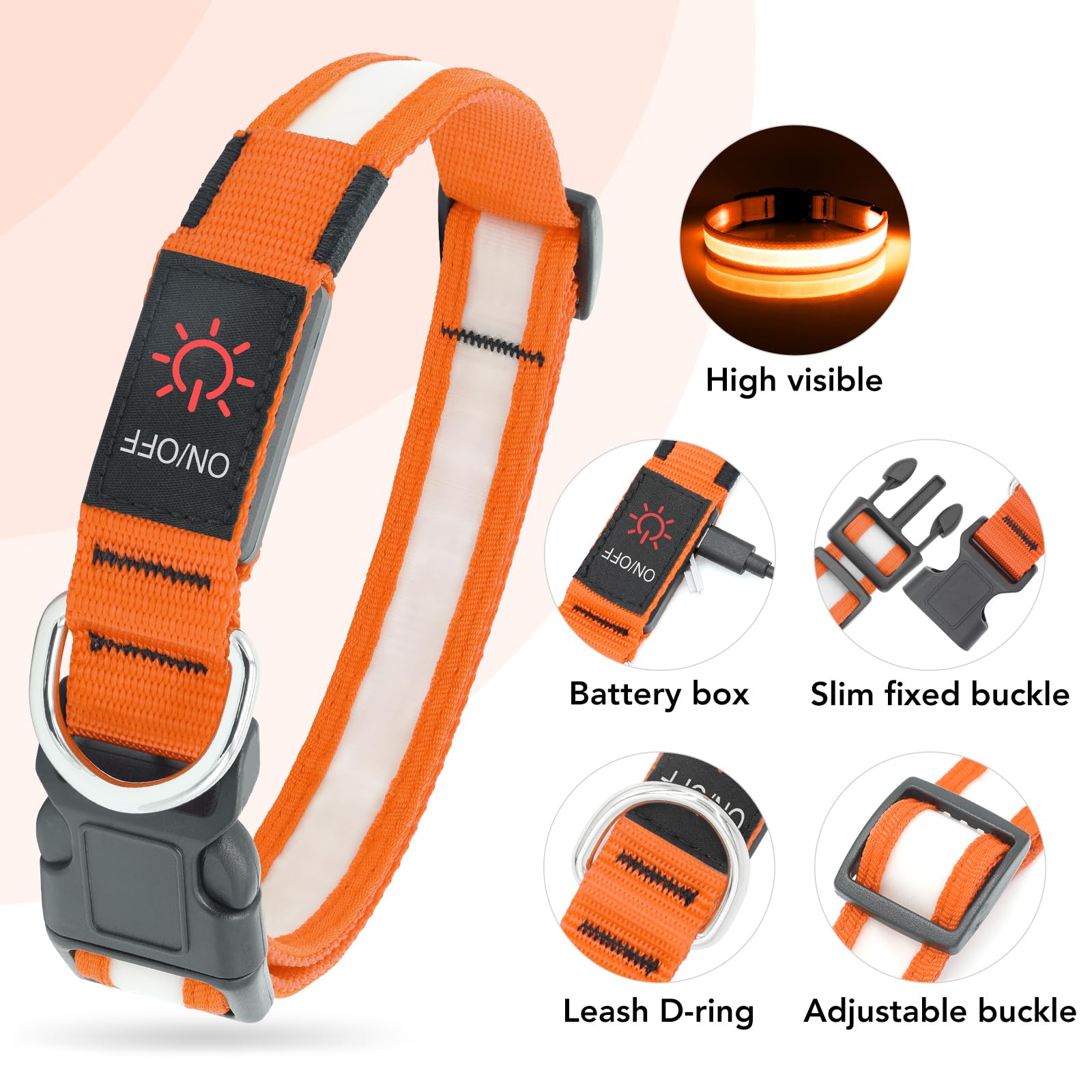 Vizpet Led Dog Collar, Light Up Dog Collar Adjustable Usb Rechargeable Super Bright Safety Light Glowing Collars For Dogs(X-Large,Orange)