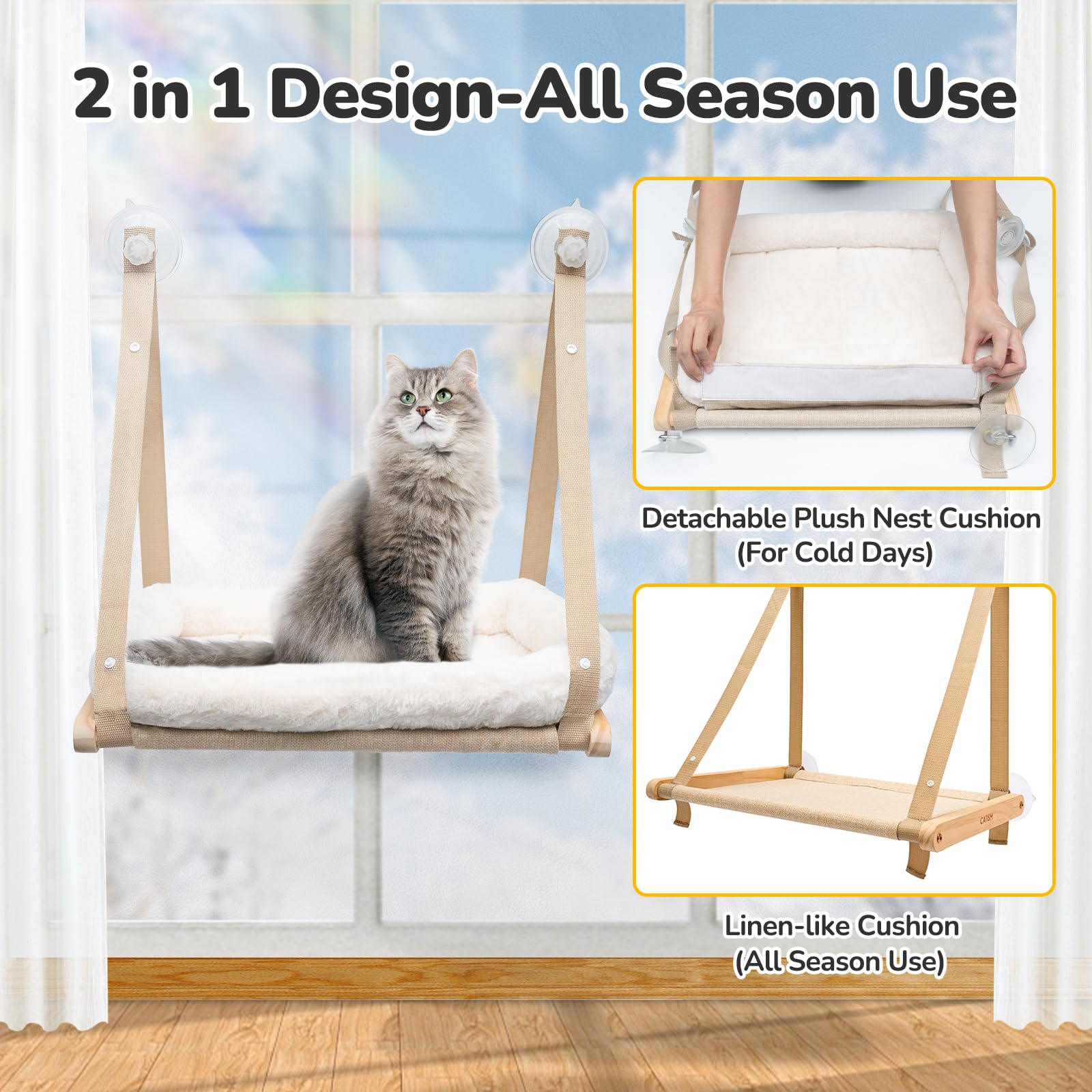 CATISM Cat Window Perch - Hammock - Window - Seat - Home - Cat Bed for Small to Medium Indoor Cats, Wooden, Machine Washable Cov