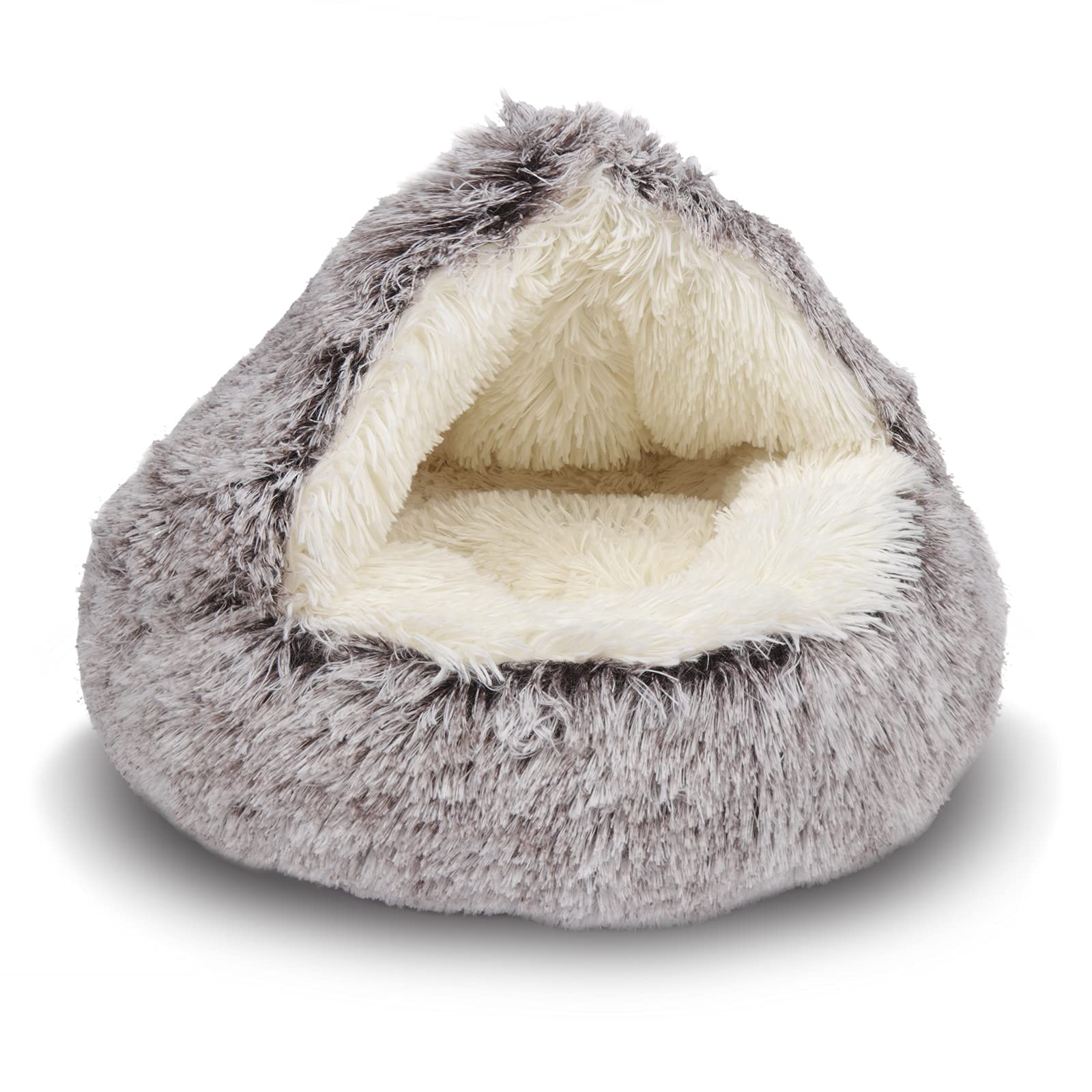 ShinHye Cozy Cat Bed - Round Plush Fluffy Hooded Cave, Indoor/Outdoor, Waterproof & Washable (20x20inch, Coffee)