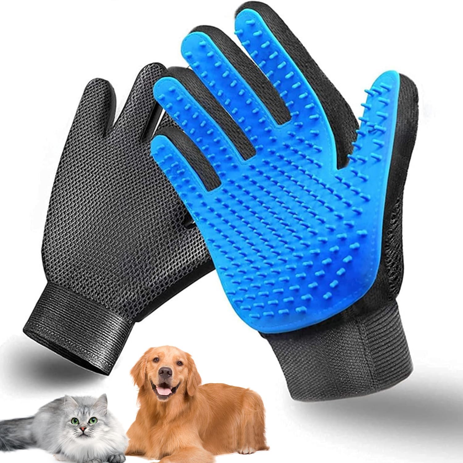 (Pack Of 2) Pet Grooming Glove, Blue, Silicone Massage Brush For Dogs And Cats, Deshedding Tool