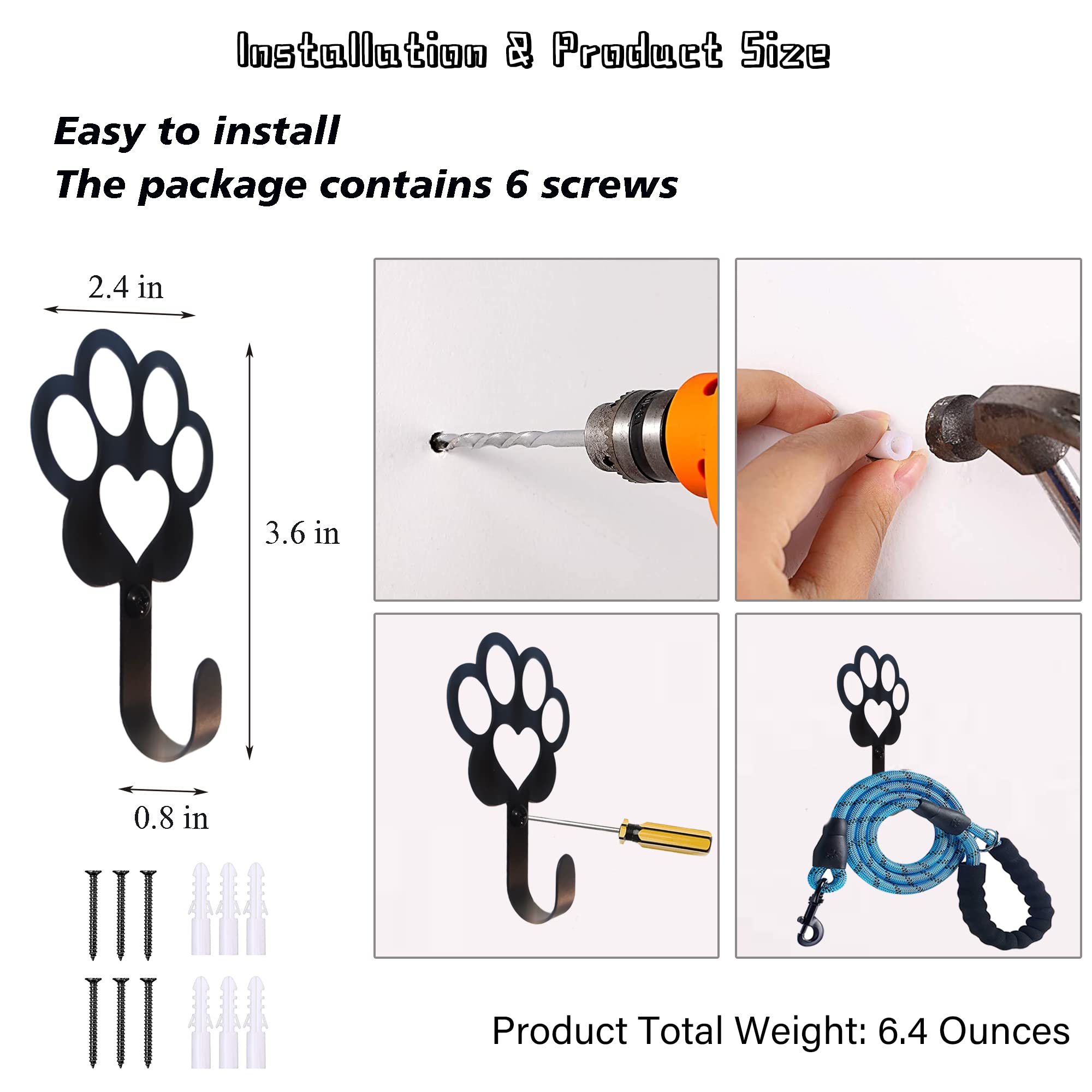 Biagift 6 Pcs Dog Paw Shaped Dog Leash Hook For Wall, Metal Leash Holder Wall Mounted Hanger For Coat Key Entryway Hallway Kitche Office