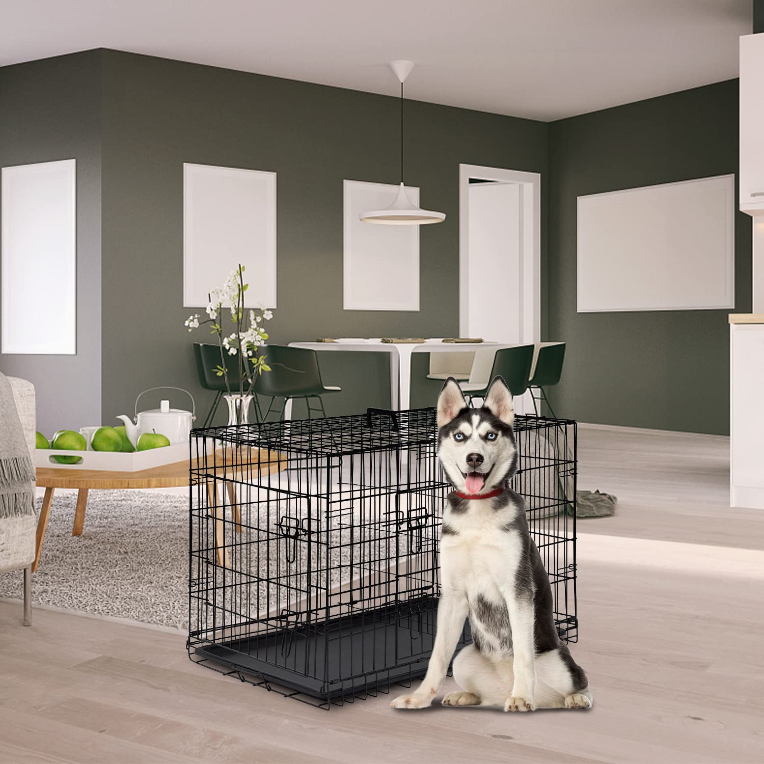 Fdw Dog Crate Dog Cage Pet Crate For Large Dogs 42Inch Folding Metal Pet Cage Double Door W/Divider Panel Indoor Outdoor Dog Kennel Leak-Proof Plastic Tray Wire Animal Cage