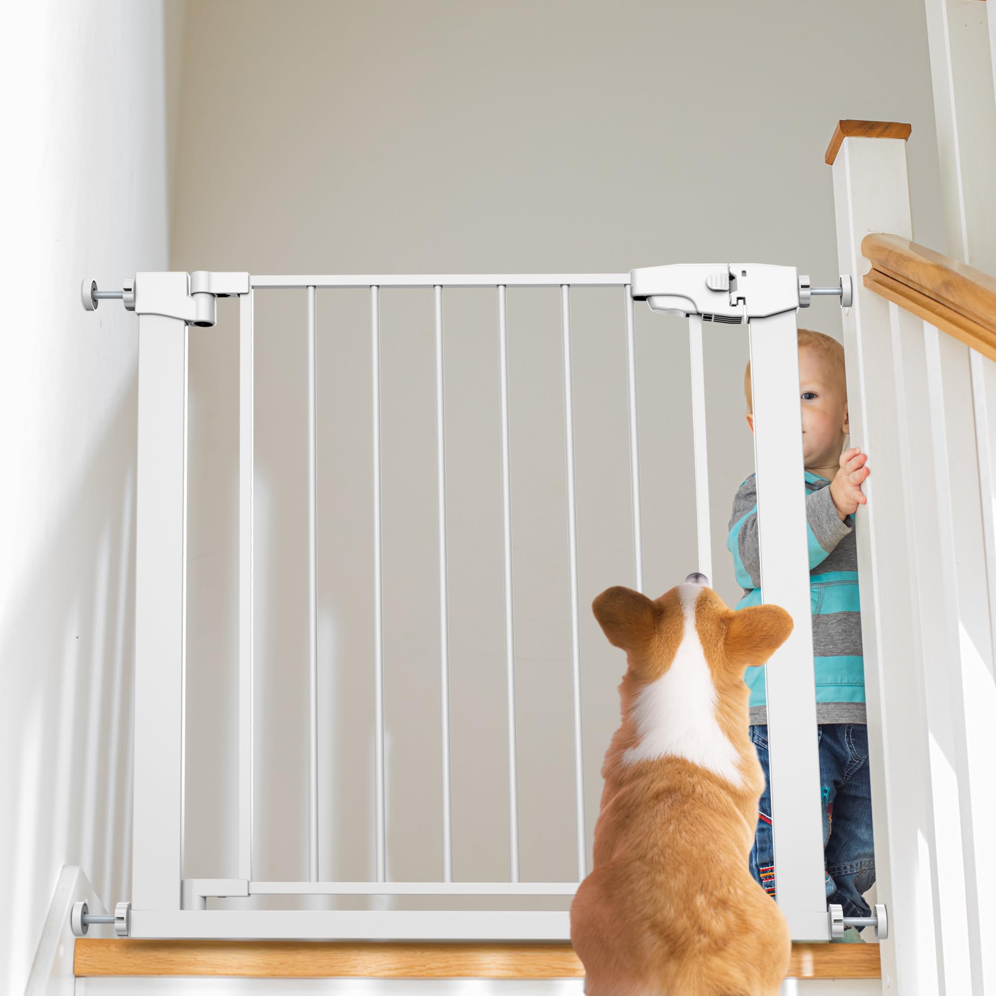 Edmyre Easy Step Walk-Thru Baby Gate, Adjustable 29.7-40.5" W, Auto-Close, White, Metal, Model ED-GATE-S