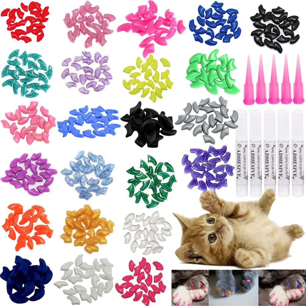 Victhy 100Pcs Cat Nail Caps, Cat Claw Caps Covers With Glue And Applicators Extra Small/Kitten 5 Colors, 20 Pcs/Color