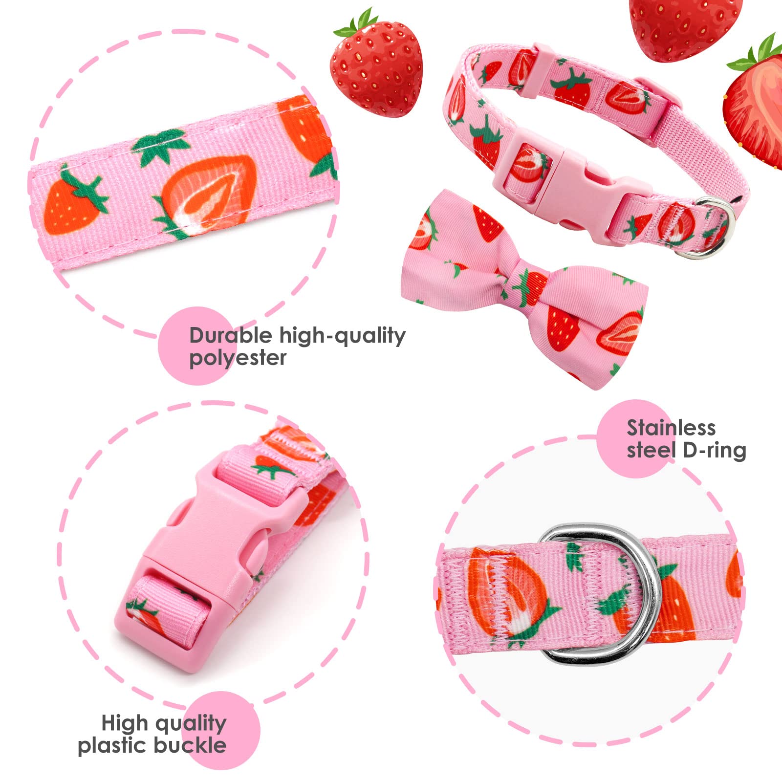 Azuza Dog Collar Bow Tie, Lovely Pink Strawberry Dog Collars With Bowtie For Extra Small Dogs
