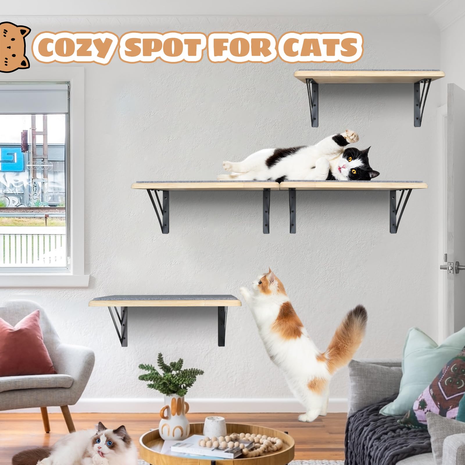 Cat Wall Shelves Set Of 4, Wood Cat Shelves For Wall, Cat Wall Bed Hammock With Scratching Pad, Cat Climbing Shelf For Sleeping