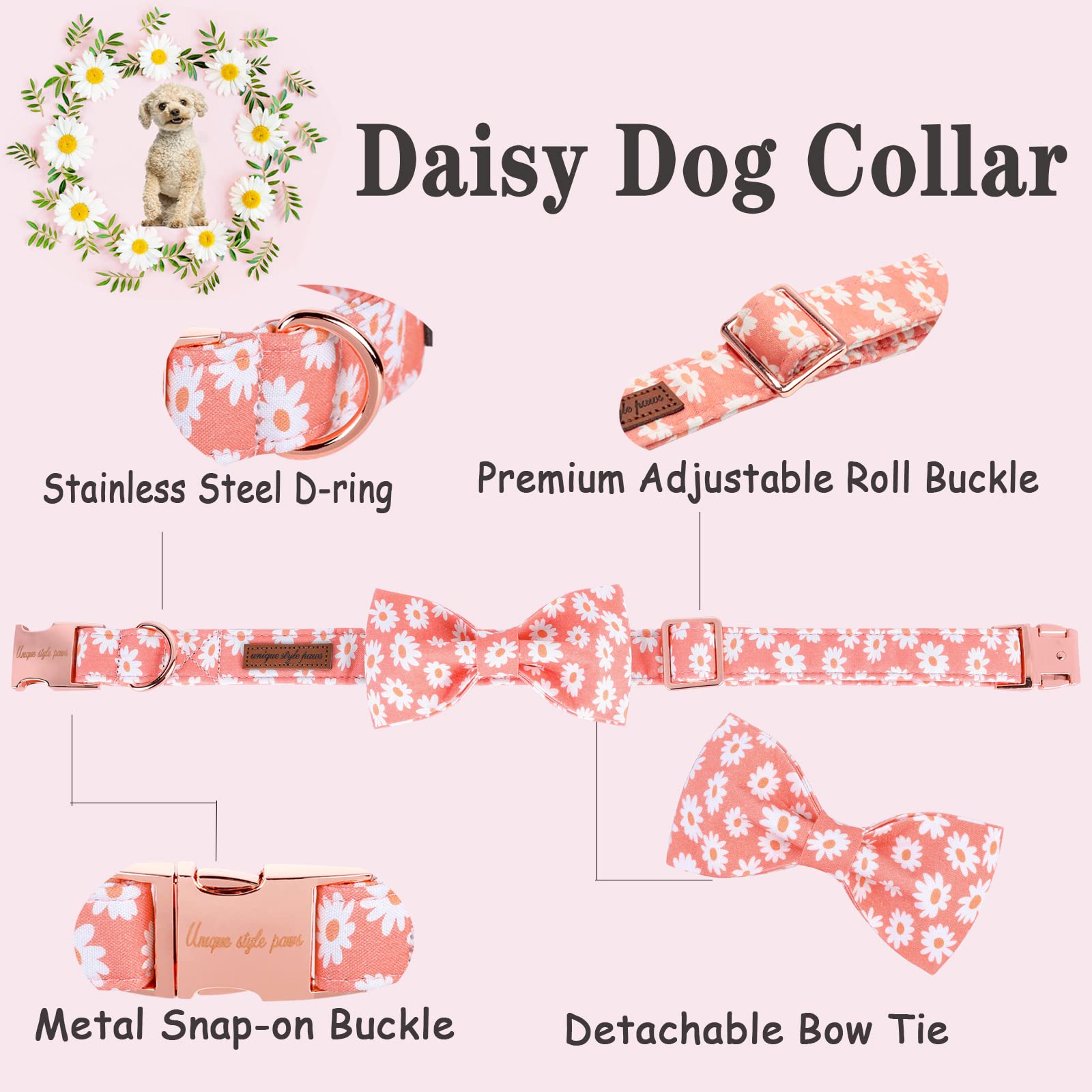 Unique Style Paws Dog Collar With Bow Tie Pink Daisy Summer Dog Collar For Small Medium Large Dogs With Adjustable Metal Buckle -S