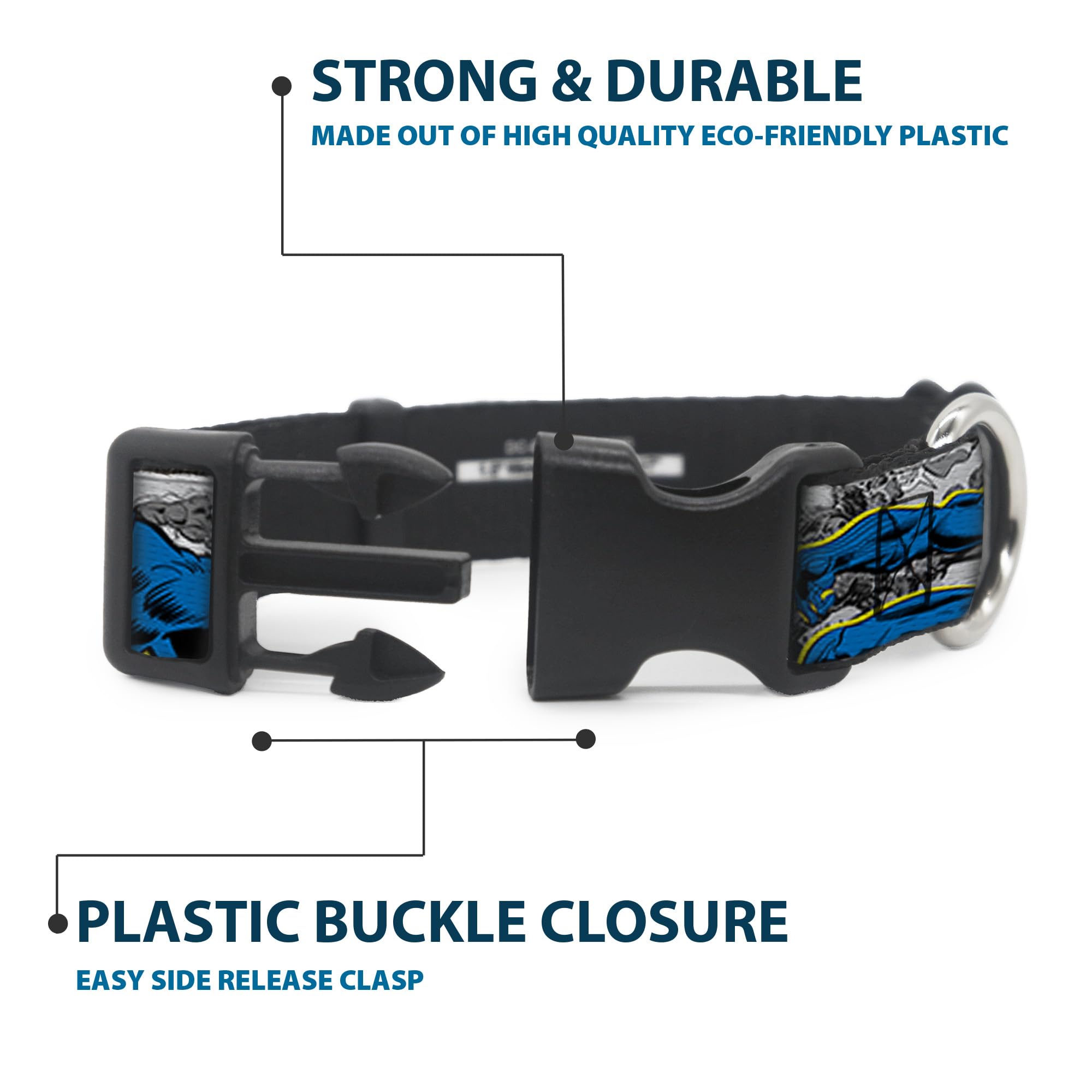 Buckle-Down 'Black Panther Action Poses/Stacked Comics Grays/Yellow/Blue/Red' Plastic Clip Collar, 1' X 9-15'/Small