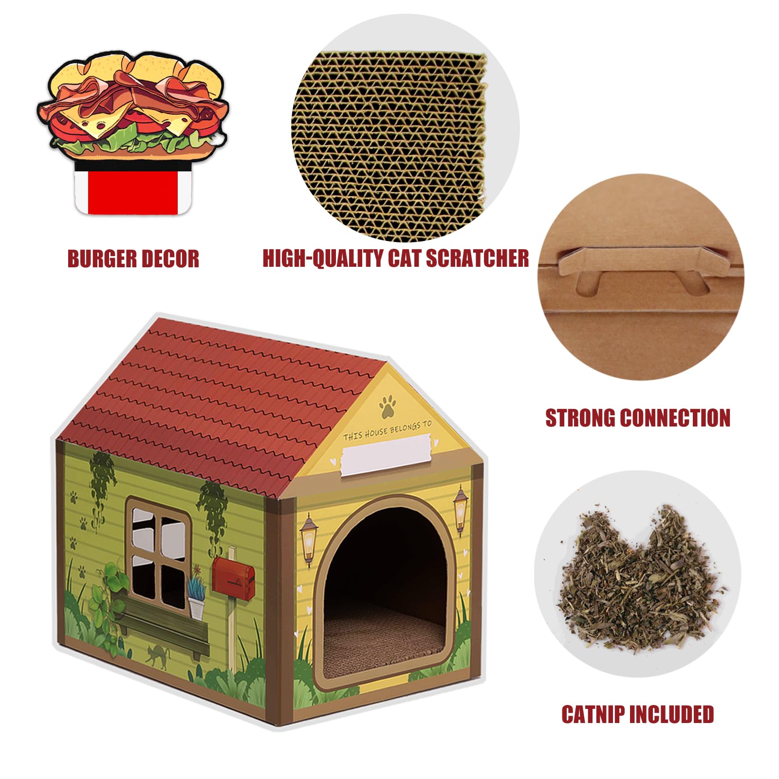 Sekam Cardboard Cat House With Scratcher/Catnip, (16.5''L X 12''W X 15''H) Cat Play House For Indoor Cats - Customized Name Space For Kitties, Arched Forest Cabin Cat Scratch Toy For Cat Birthday