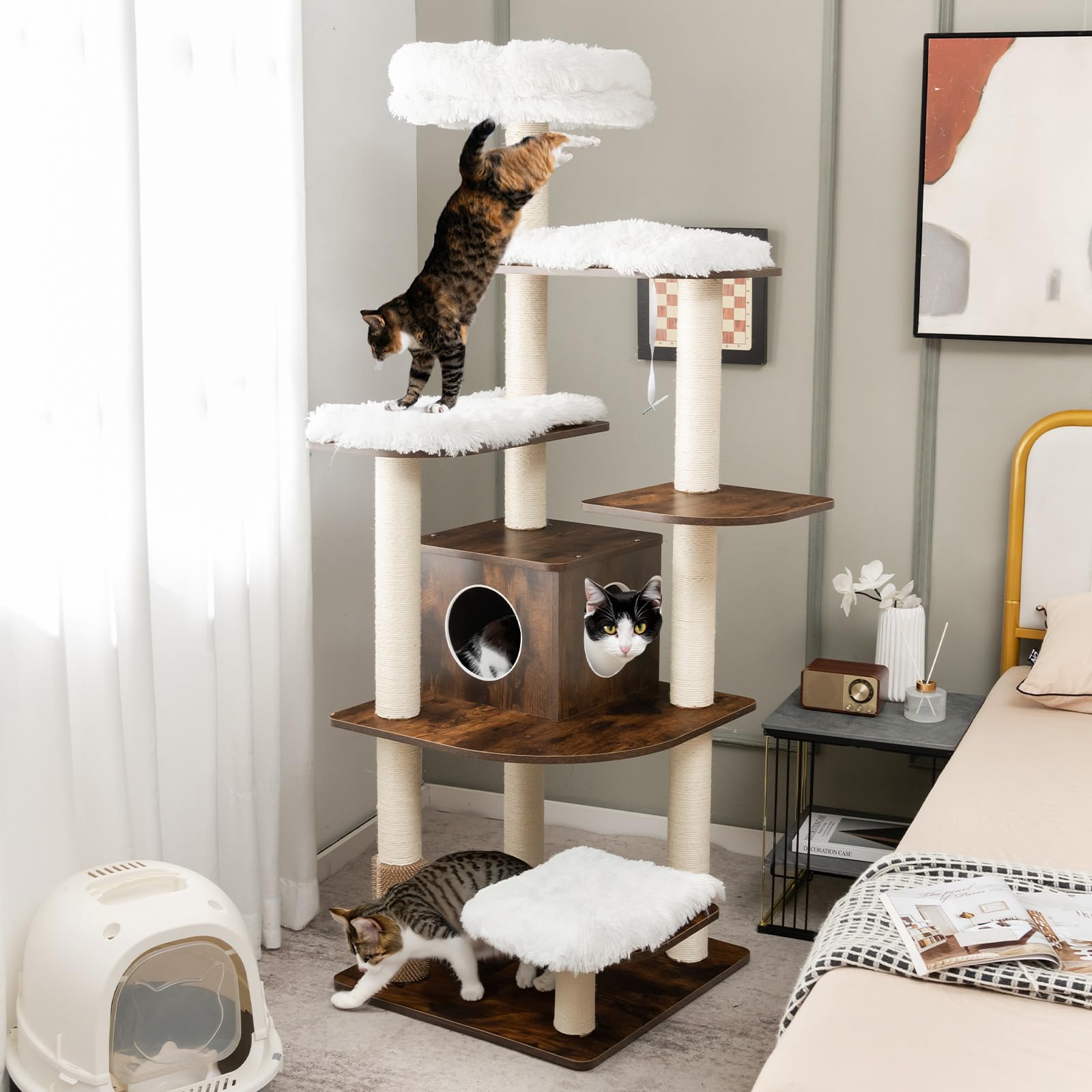 Tangkula Tall Cat Tree, 71-Inch Cat Tower With Multi-Layer Platform, Modern Wood Cat Tree With Sisal Scratching Posts, Self Groomer, Cat Condo, Washable Cushions For Large Cats 20 Lbs Heavy Duty
