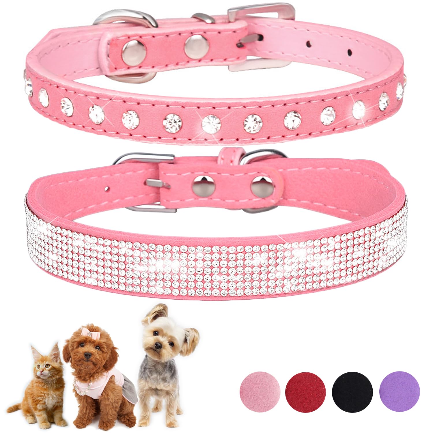 Pink Bling Dog Collars For Medium Dogs, 2-Pack Rhinestone Dog Collar Soft Suede Glitter Diamond Jewelry Crystal Female Puppy Col